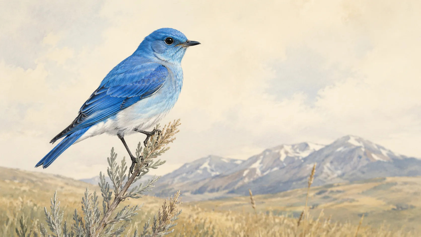 Male Mountain Bluebird perched on a sage stem, soft sky-blue plumage over a high western meadow, in the Audubon style