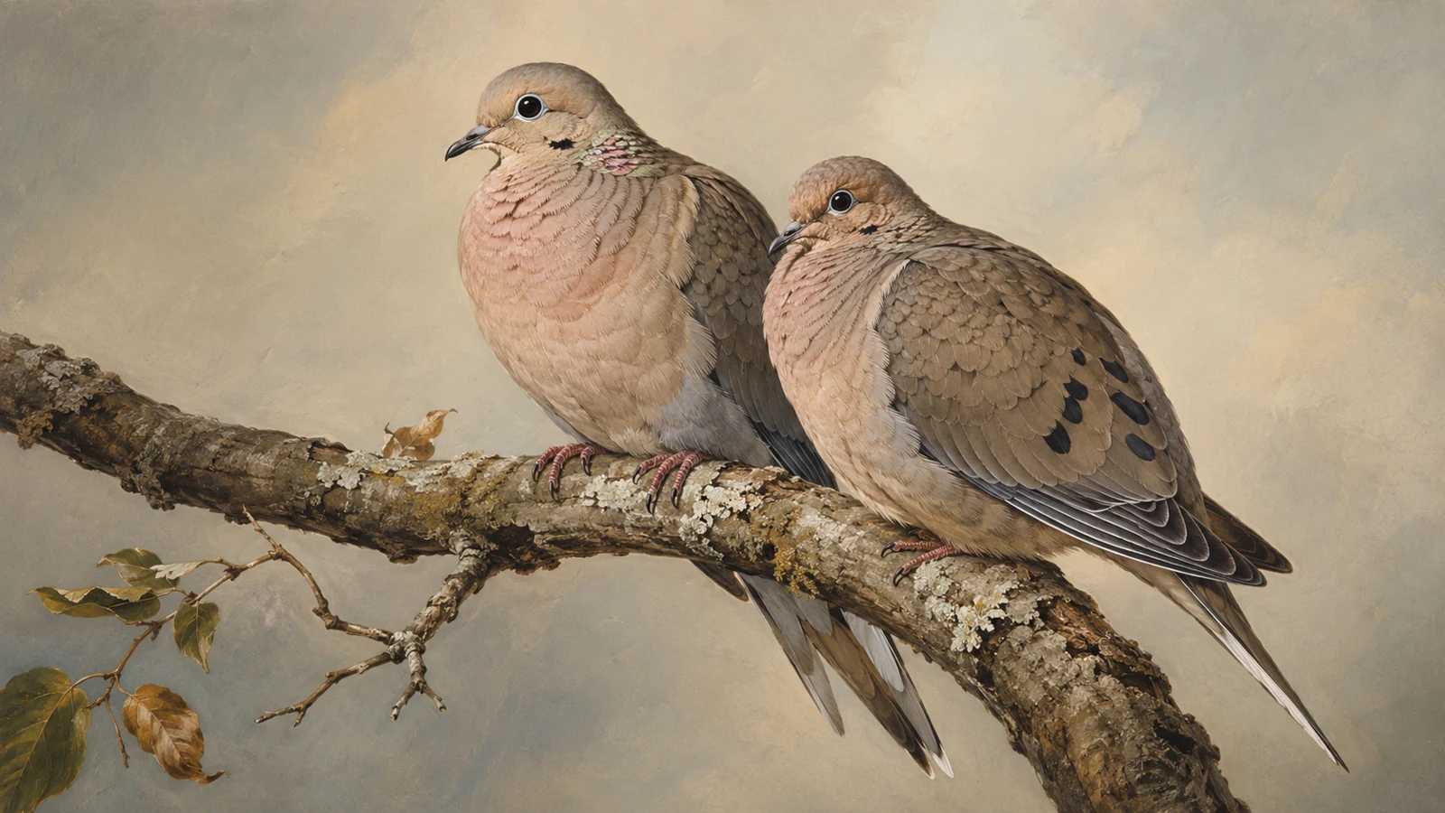Mourning Dove perched on a fence rail at dusk, soft grayish-brown plumage and long pointed tail visible, in the Audubon style