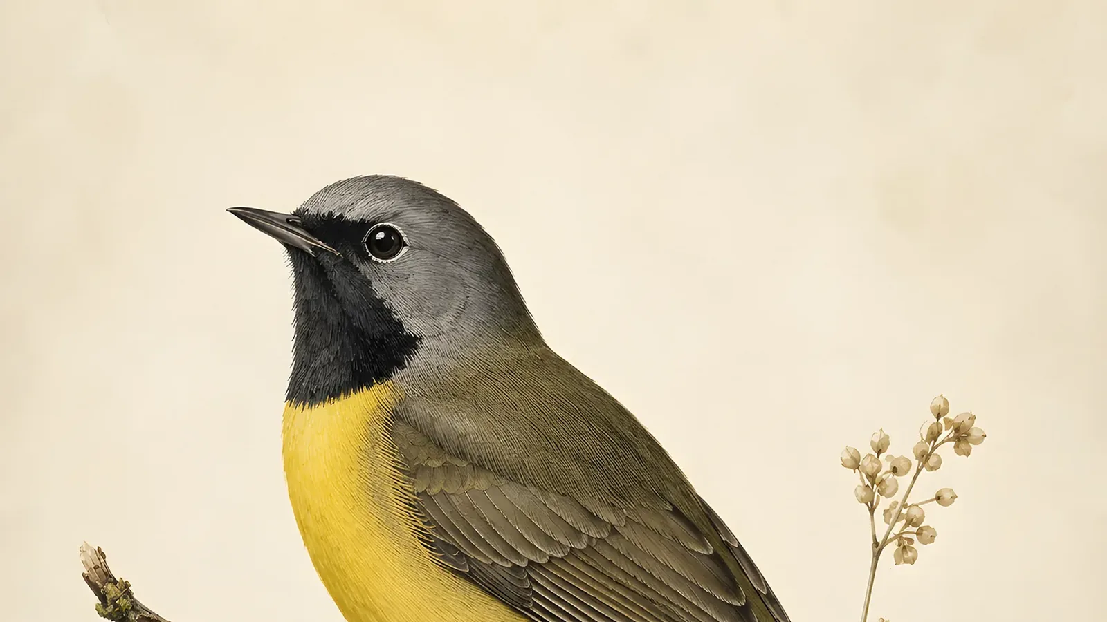 Male Mourning Warbler in breeding plumage, grey hood and black breast-smudge visible, perched on a blackberry cane in a regenerating clearcut