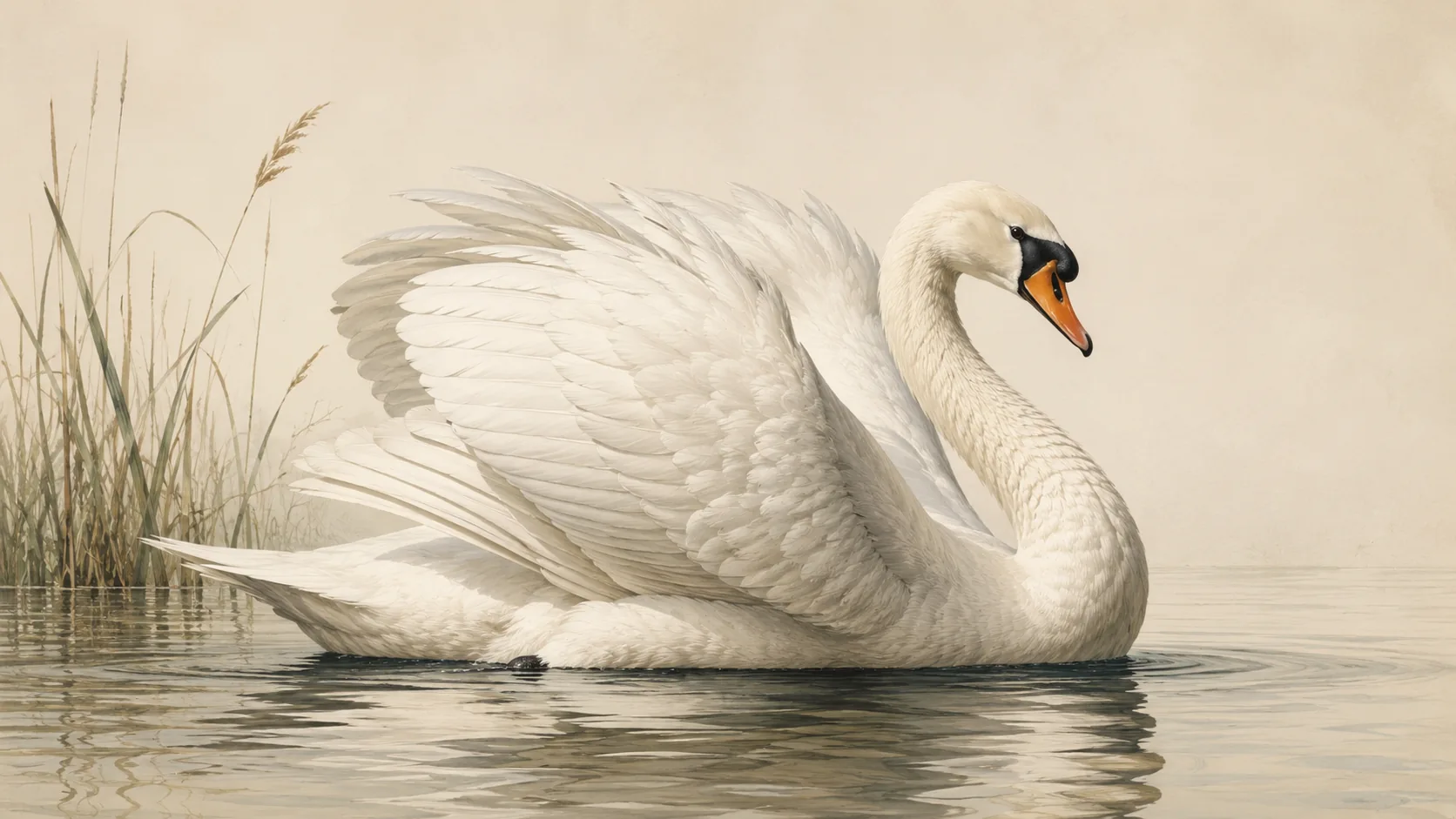 Mute Swan gliding on a still river with wings arched in a threat display, in the Audubon style