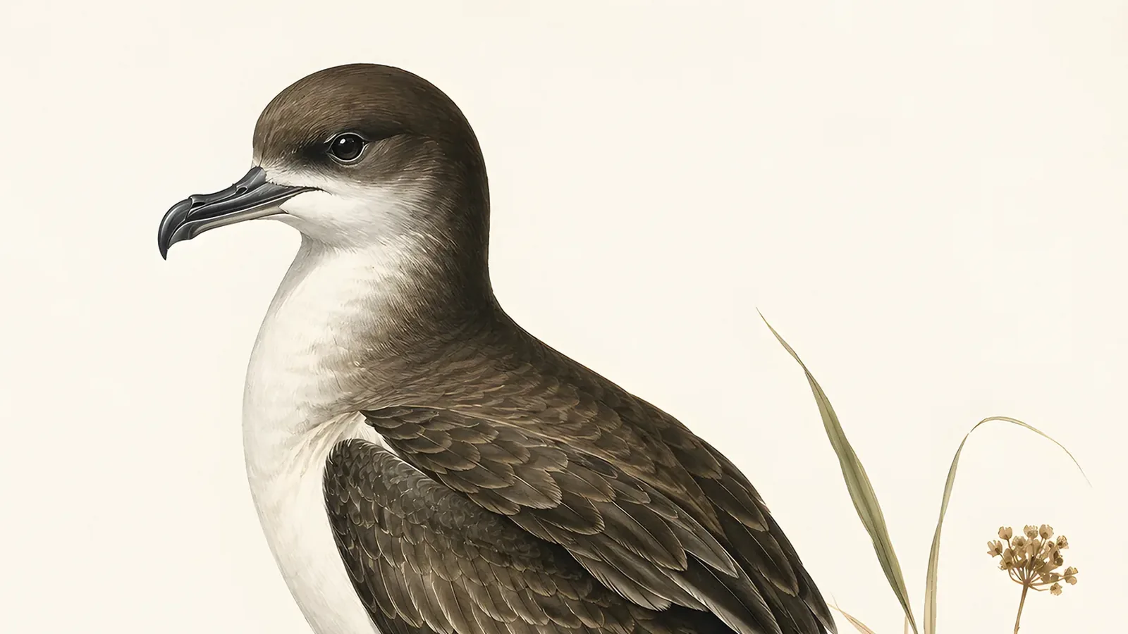 Newell's Shearwater in flight showing sharp contrast of sooty-black upperparts and clean white underparts against open Pacific sky