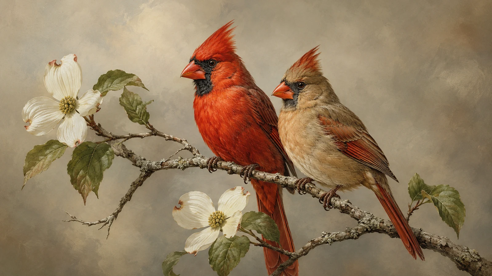 Male Northern Cardinal on a snow-dusted dogwood branch, in the Audubon style