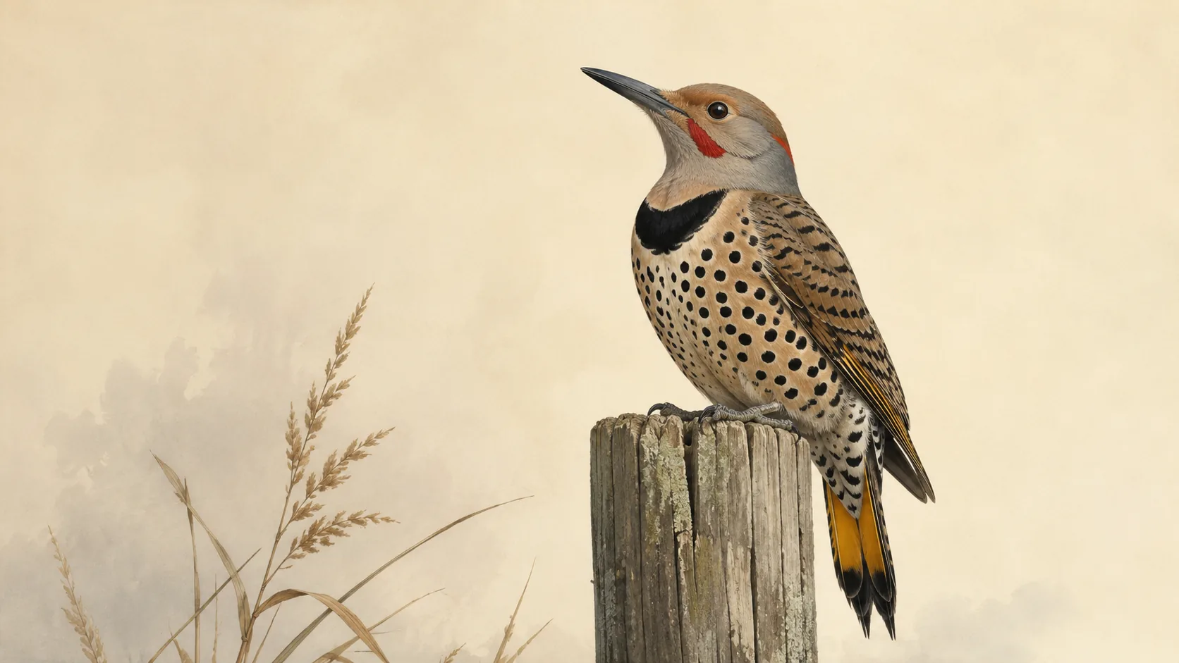 Northern Flicker perched upright on a fence post, spotted breast and bold black crescent bib, in the Audubon style