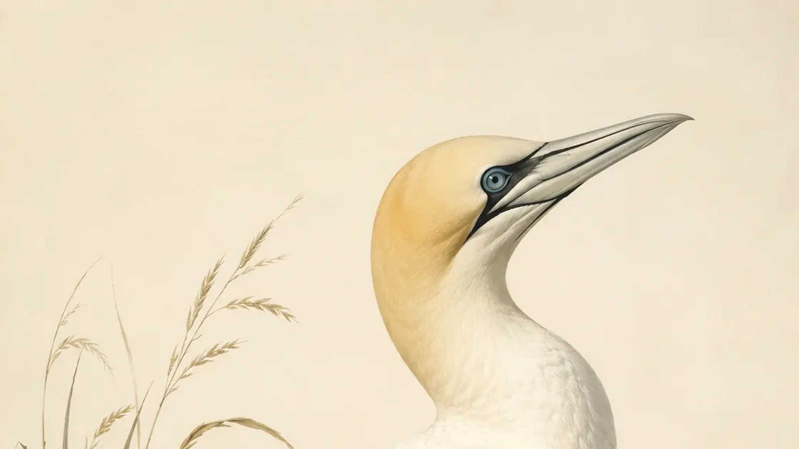 Northern Gannet in Audubon-tradition style, brilliant white with black wingtips and buff-gold head, wings folded mid-plunge above green Atlantic water