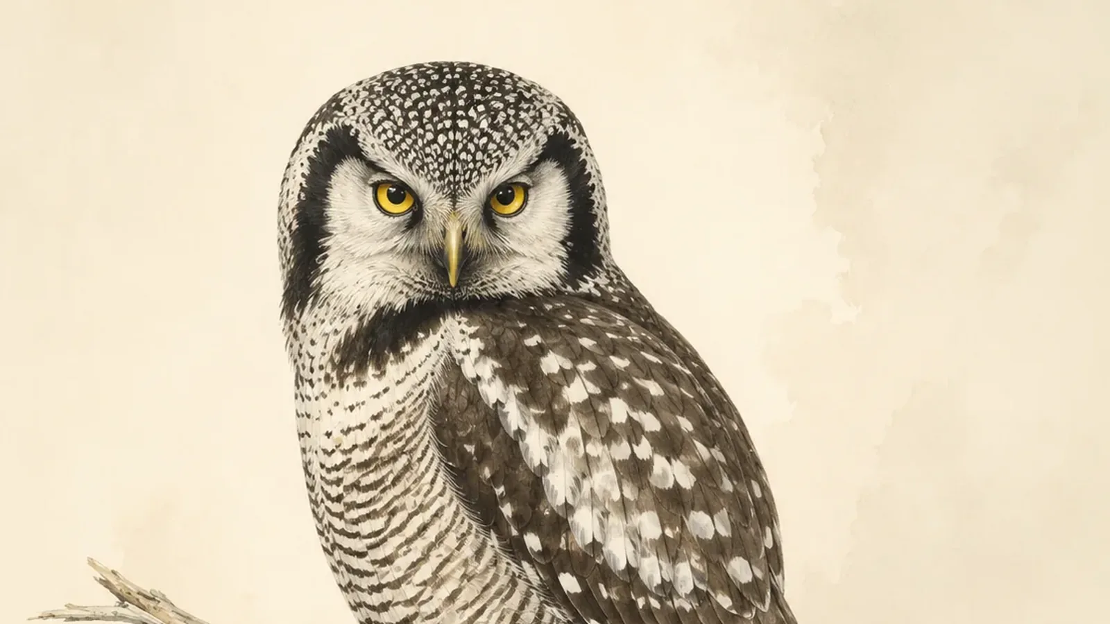 Northern Hawk Owl perched at the tip of a lone spruce in open boreal forest, long tail angled down, scanning daylit clearings in the Audubon style