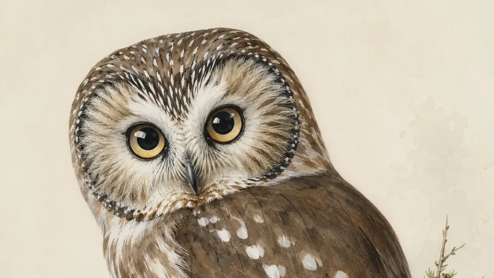 Northern Saw-whet Owl perched on a conifer branch, round cat-face and yellow eyes forward, in the Audubon style