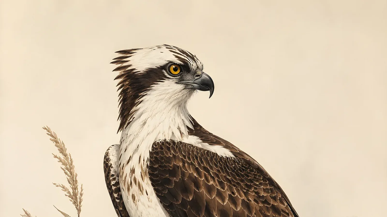 Osprey hovering above water then plunging feet-first onto a fish, in the Audubon style