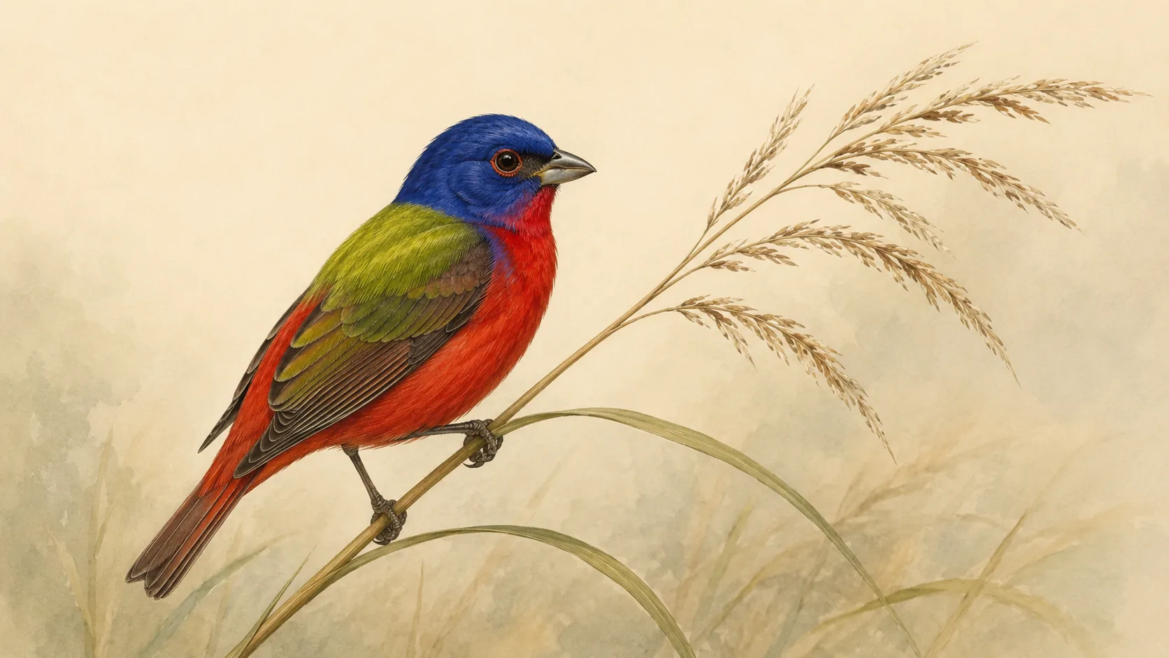 Male Painted Bunting perched on a slender grass stem, blue head, green back and red underparts, in the Audubon style