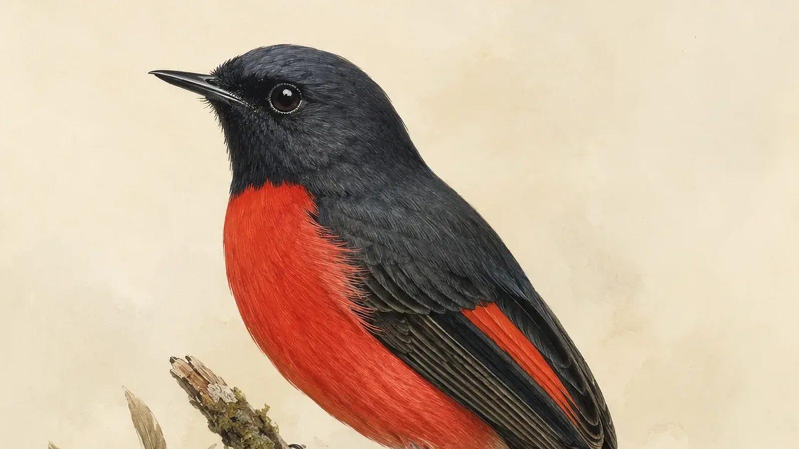 Painted Redstart on a sycamore branch in an Arizona canyon, glossy black with a vivid red breast and bold white wing patches, in the Audubon style