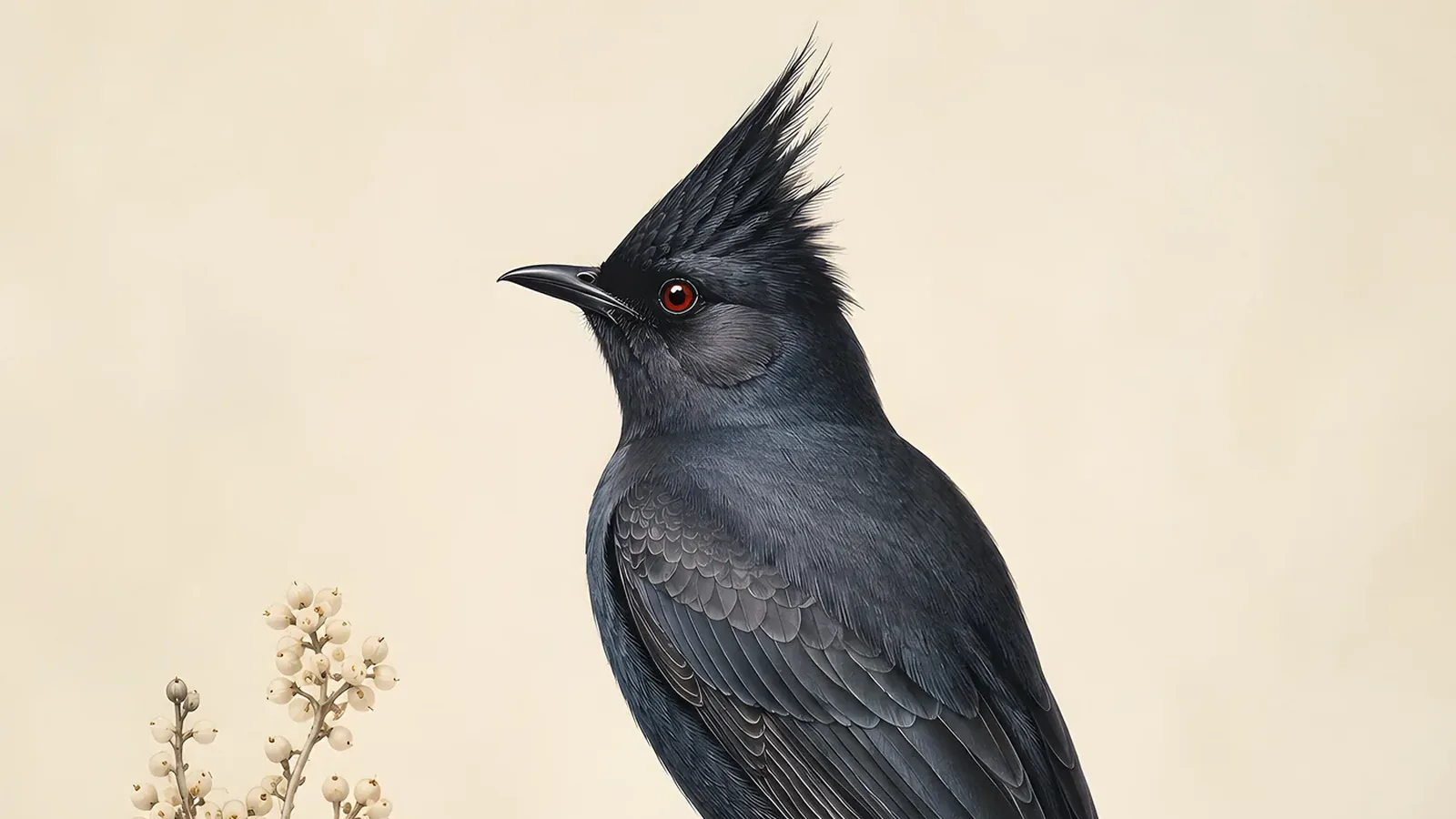 Male Phainopepla perched on a desert mistletoe clump in a mesquite, glossy black with a tall crest and vivid red eye, in the Audubon tradition