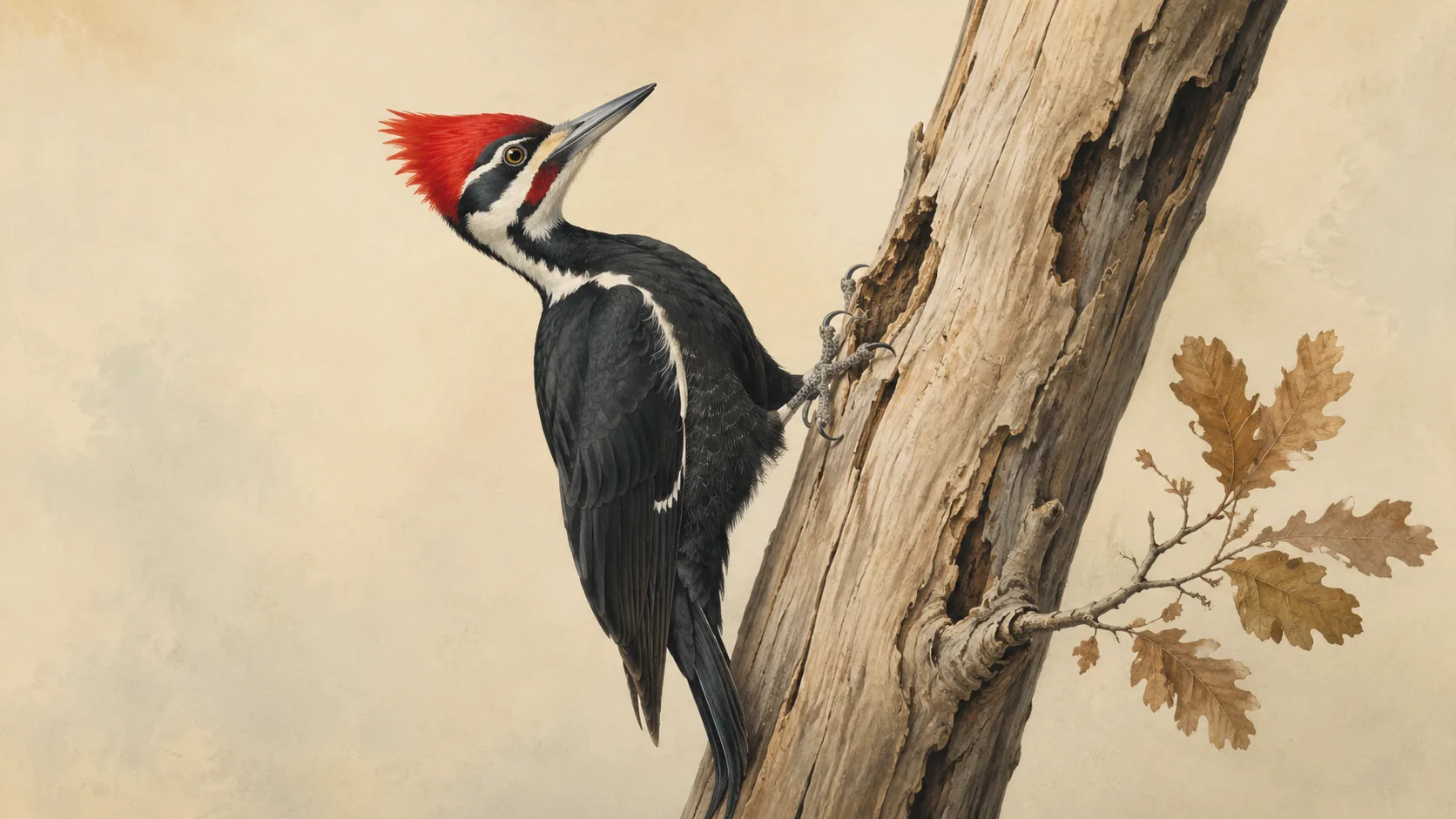 Pileated Woodpecker clinging to a dead oak trunk, red crest raised, in the Audubon style