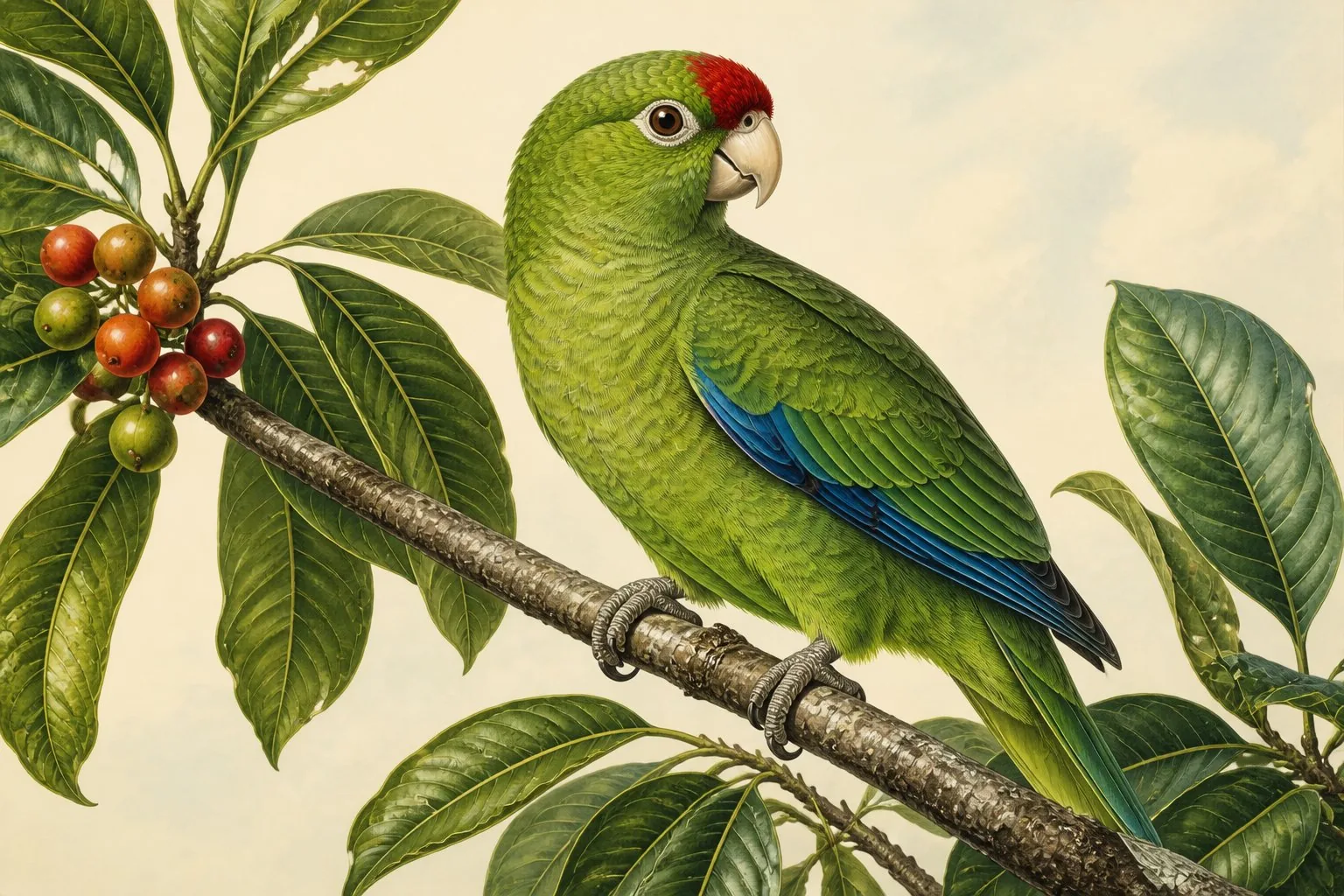 Puerto Rican Parrot perched on a rainforest branch, red forecrown vivid against green plumage, in the Audubon style