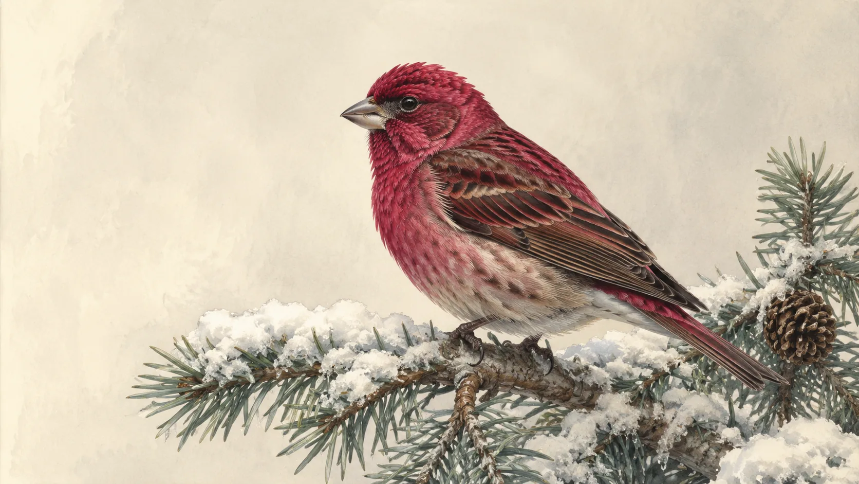 Male Purple Finch perched on a conifer branch, raspberry-red plumage against winter snow, in the Audubon style