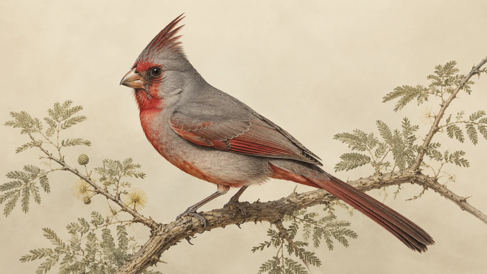 Male Pyrrhuloxia perched on a desert mesquite branch, in the Audubon style