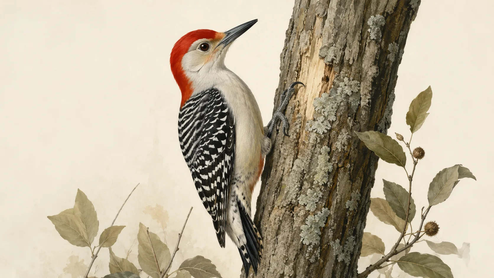 Male Red-bellied Woodpecker clinging to a tree trunk, bright red crown and nape over a finely barred back, in the Audubon style