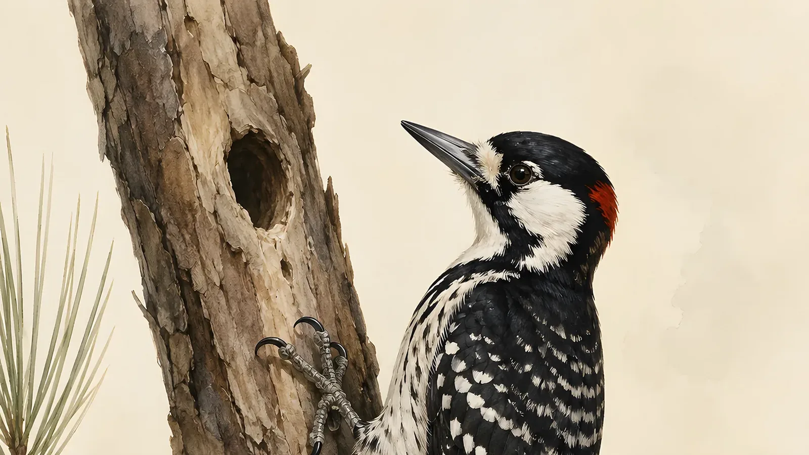 Red-cockaded Woodpecker clinging to a resin-streaked longleaf pine trunk, white cheek patch glowing, in the Audubon style