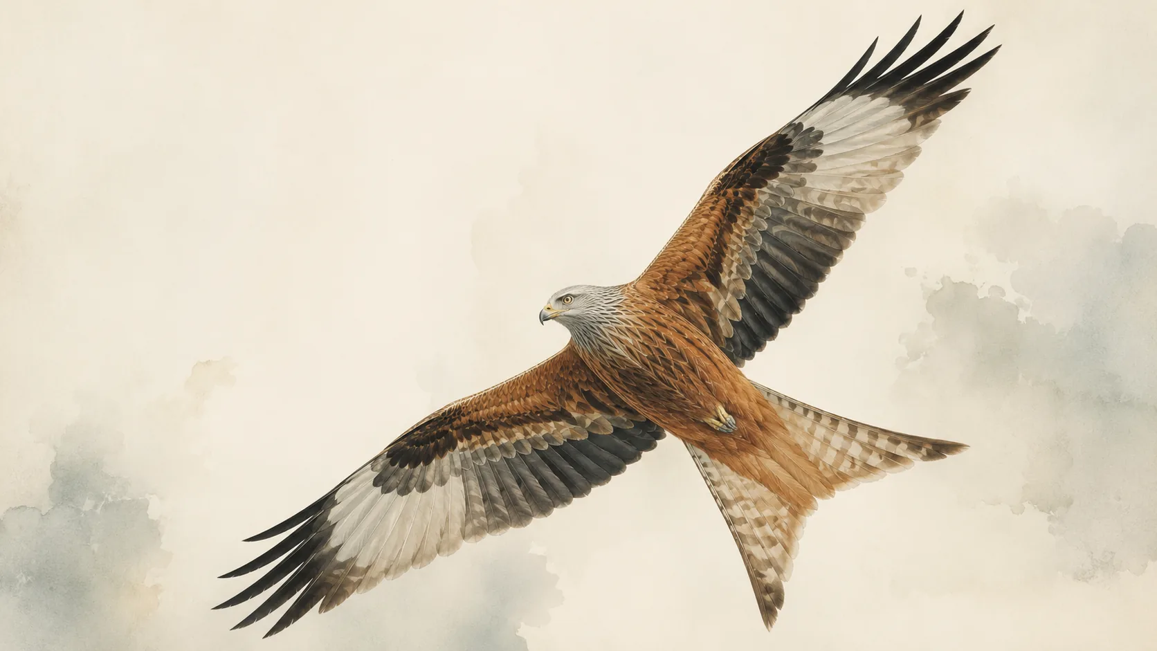 Red Kite soaring on spread wings with forked tail visible against a pale sky, in the Audubon style