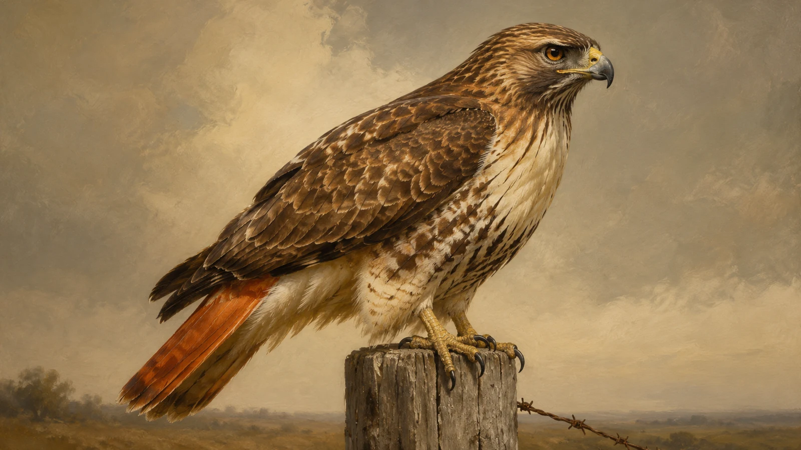 Red-tailed Hawk perched on a wooden fence post in winter grassland, in the Audubon style