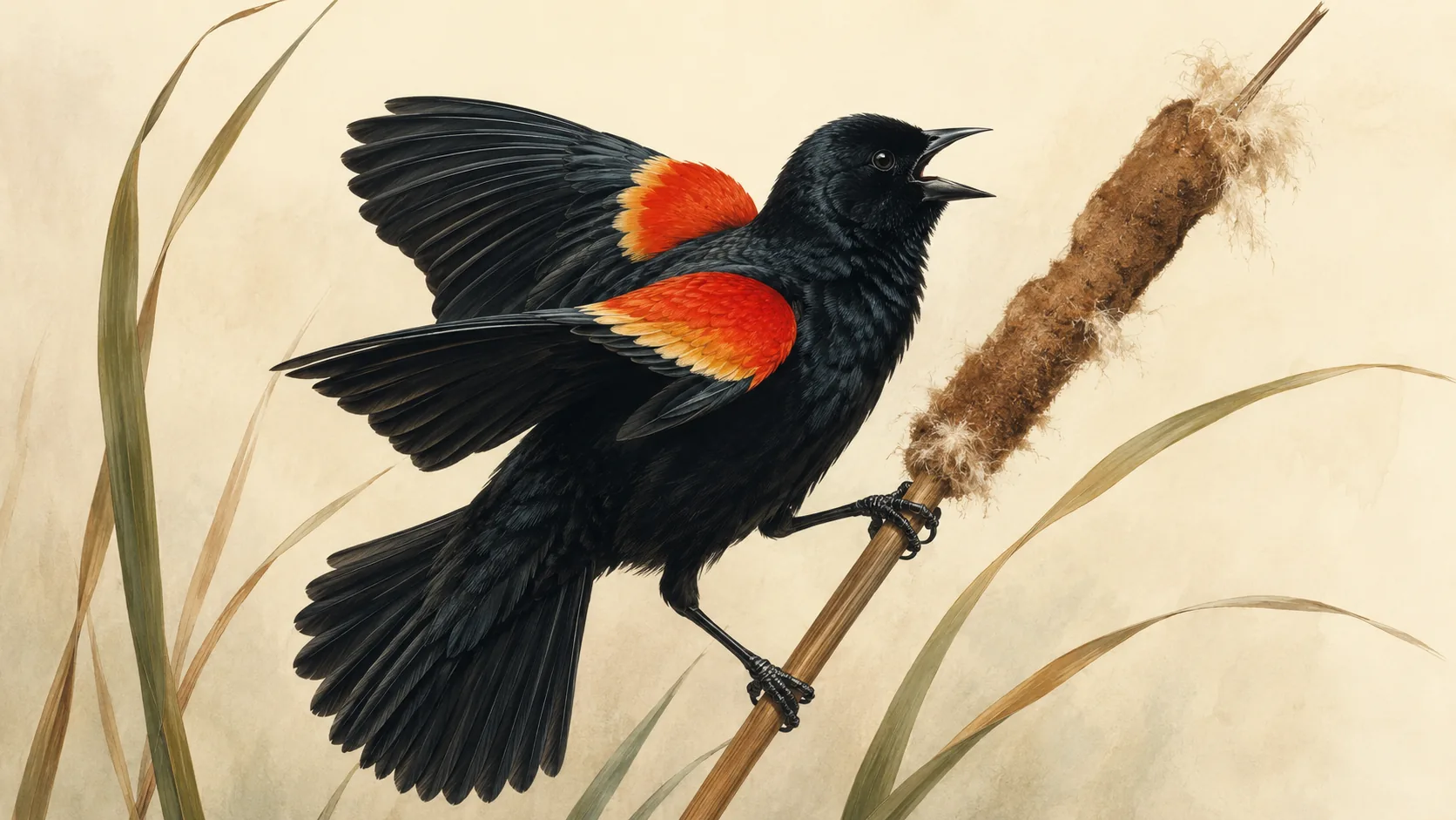 Male Red-winged Blackbird gripping a swaying cattail, scarlet-and-yellow shoulder patches flared, in the Audubon style