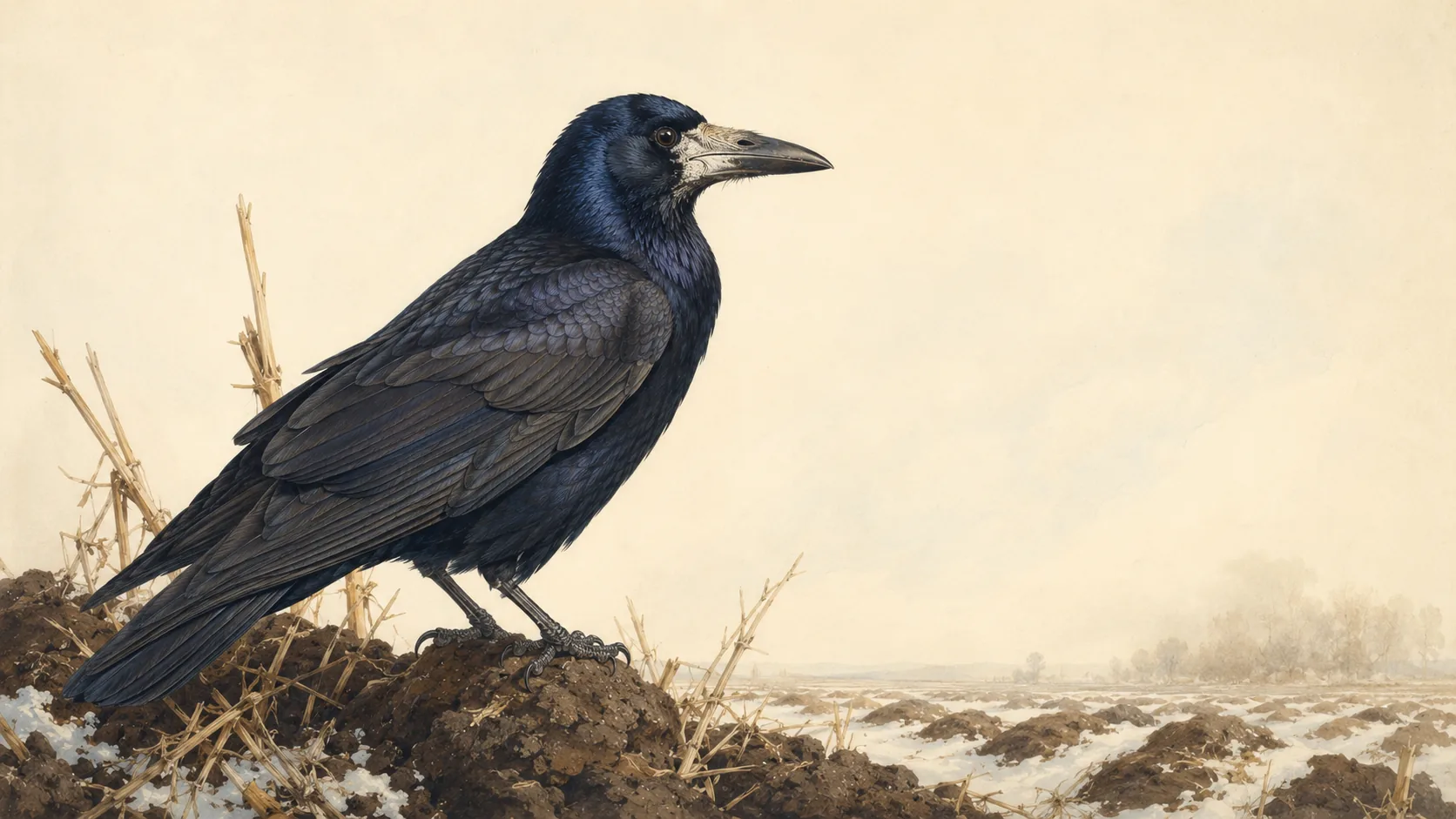 Rook perched on a ploughed field furrow in winter light, in the Audubon style