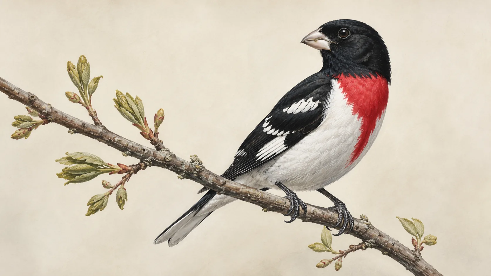 Male Rose-breasted Grosbeak perched on a budding spring branch, black-and-white plumage with a vivid rose-red breast, in the tradition of Audubon