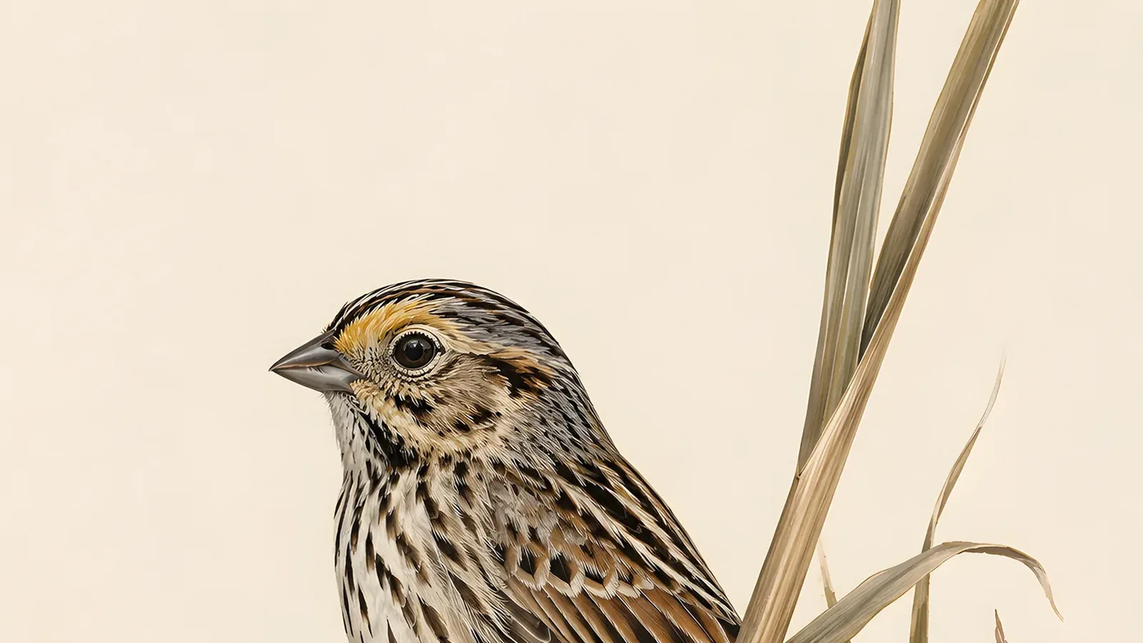 Saltmarsh Sparrow perched on Spartina cordgrass stems, in the Audubon style