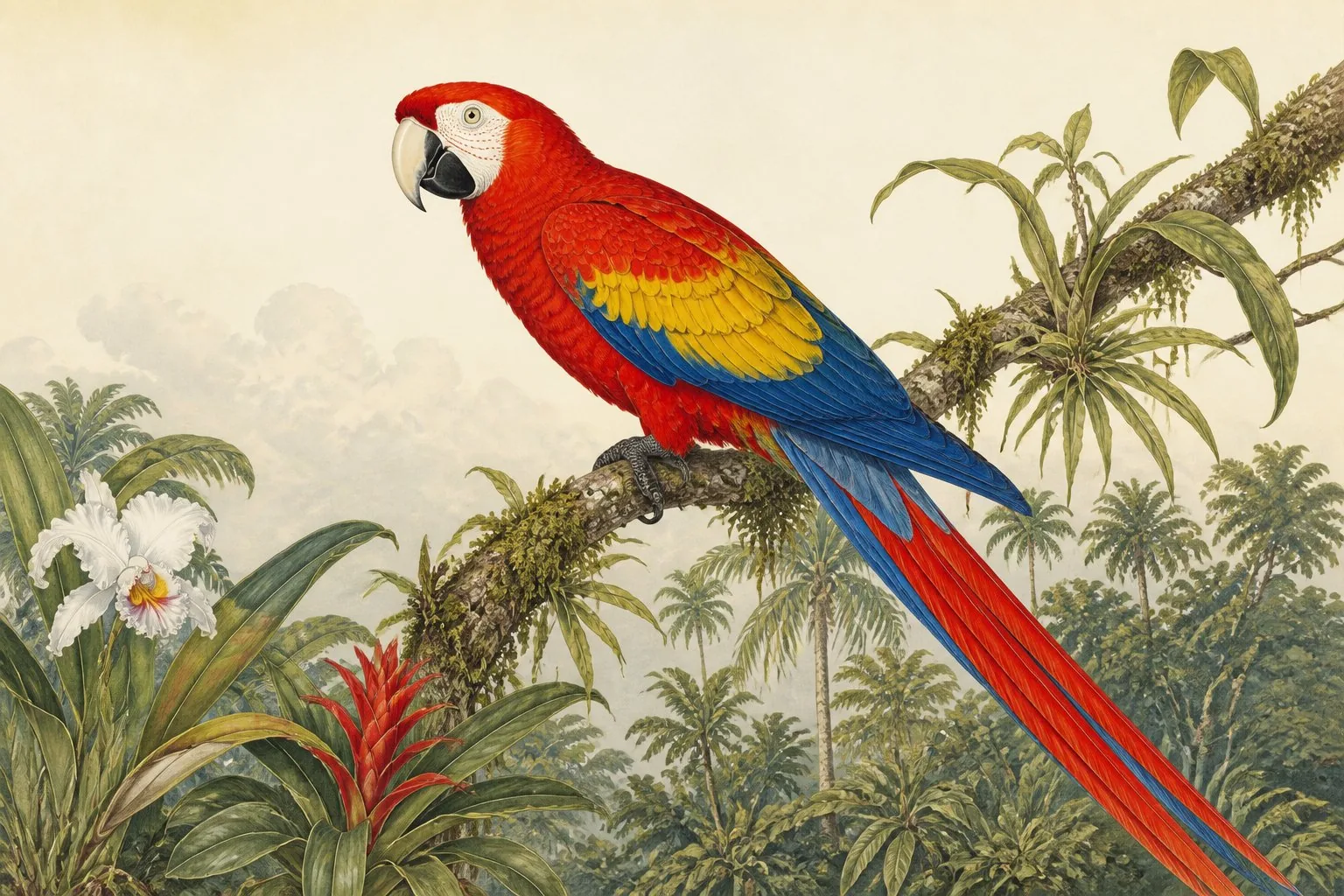 Scarlet Macaw perched on a rainforest branch, scarlet and yellow wings spread, in the Audubon style