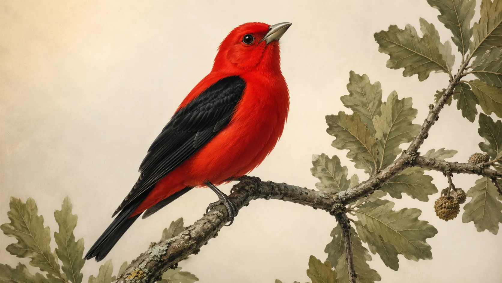 Male Scarlet Tanager perched high on an oak branch, blood-red body against jet-black wings, in the Audubon style