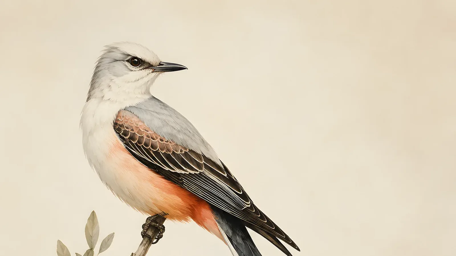 Scissor-tailed Flycatcher perched on a fence wire with its forked black-and-white tail hanging below, in the Audubon field-plate tradition