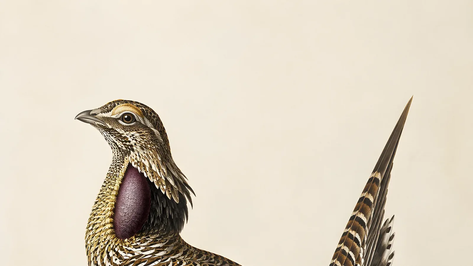 Male Sharp-tailed Grouse in full lek display, wings spread stiff, tail pointed upward, purple neck patches inflated, on a prairie dancing ground at dawn, in the Audubon tradition