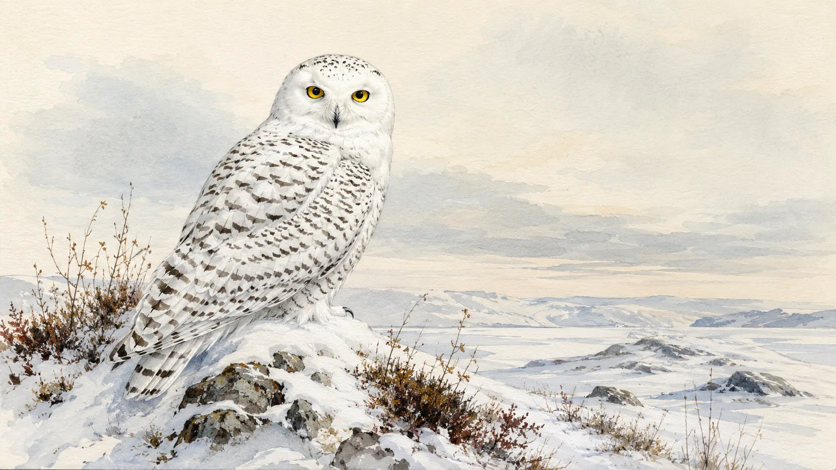 Snowy Owl perched on an Arctic tundra ridge at midwinter, in the Audubon style