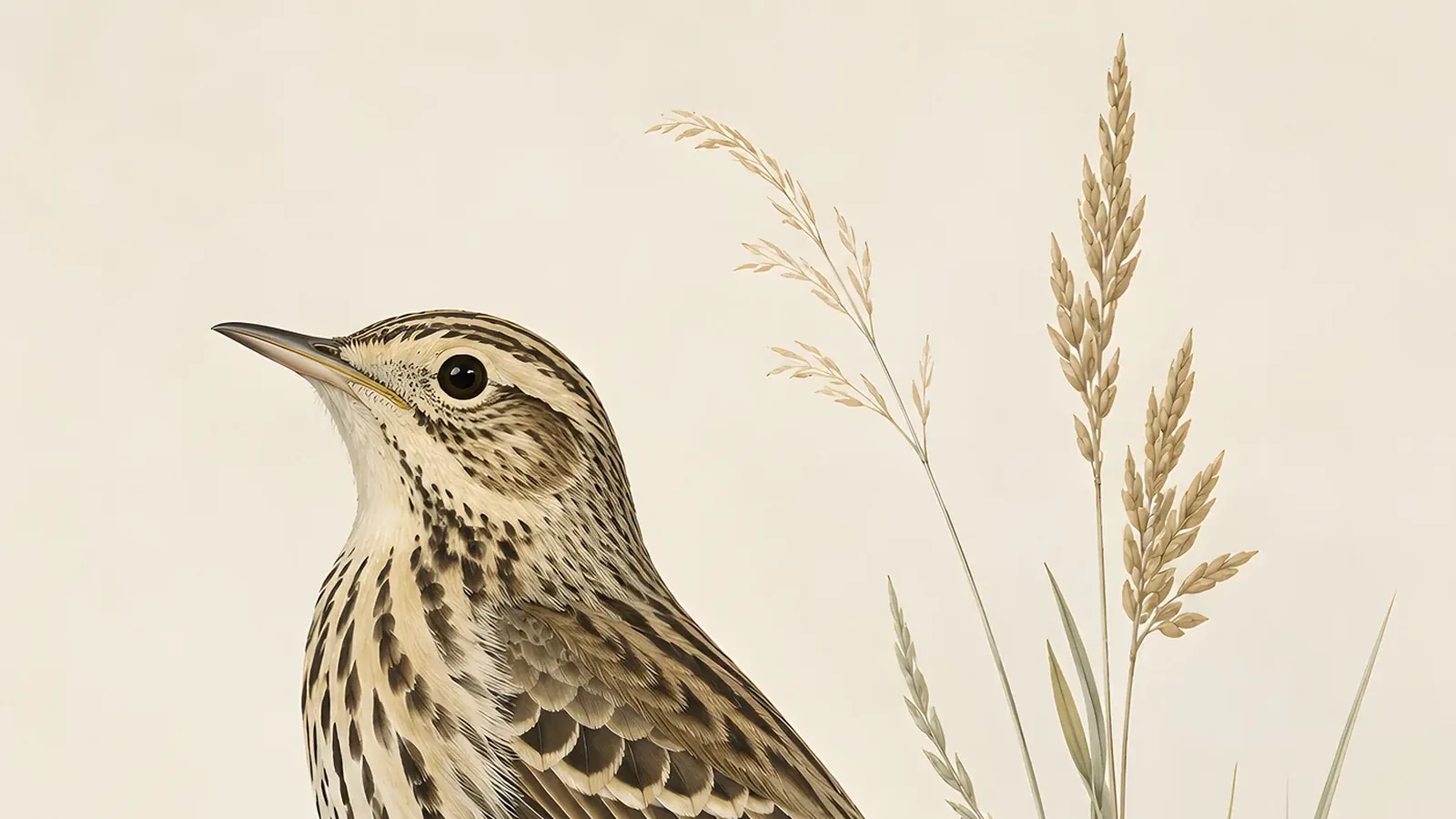 Sprague's Pipit standing on native prairie grass, buff and streaked plumage rendered in the Audubon tradition
