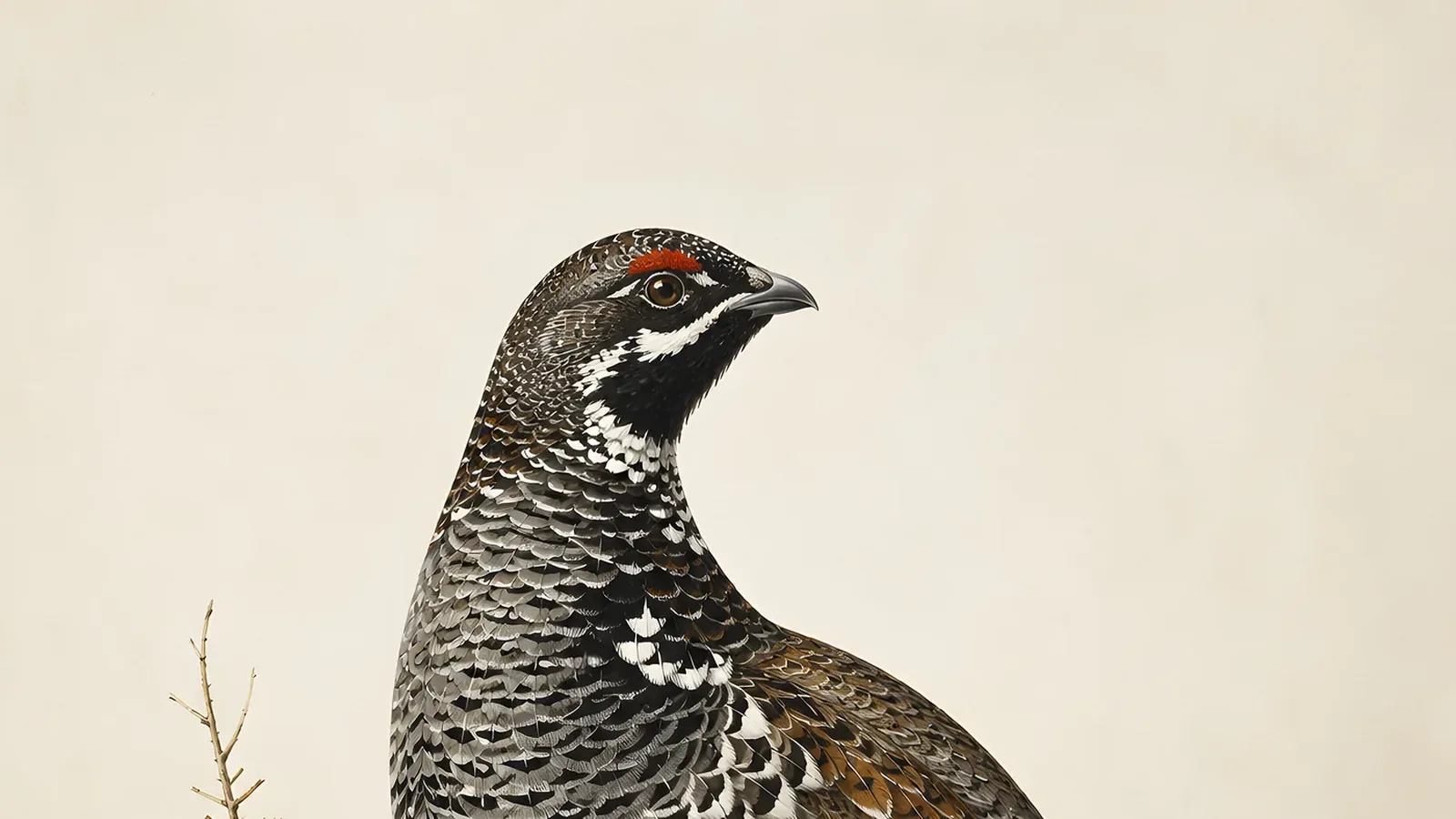 Male Spruce Grouse perched on a spruce branch in winter, black breast and red eye combs visible, in the Audubon tradition