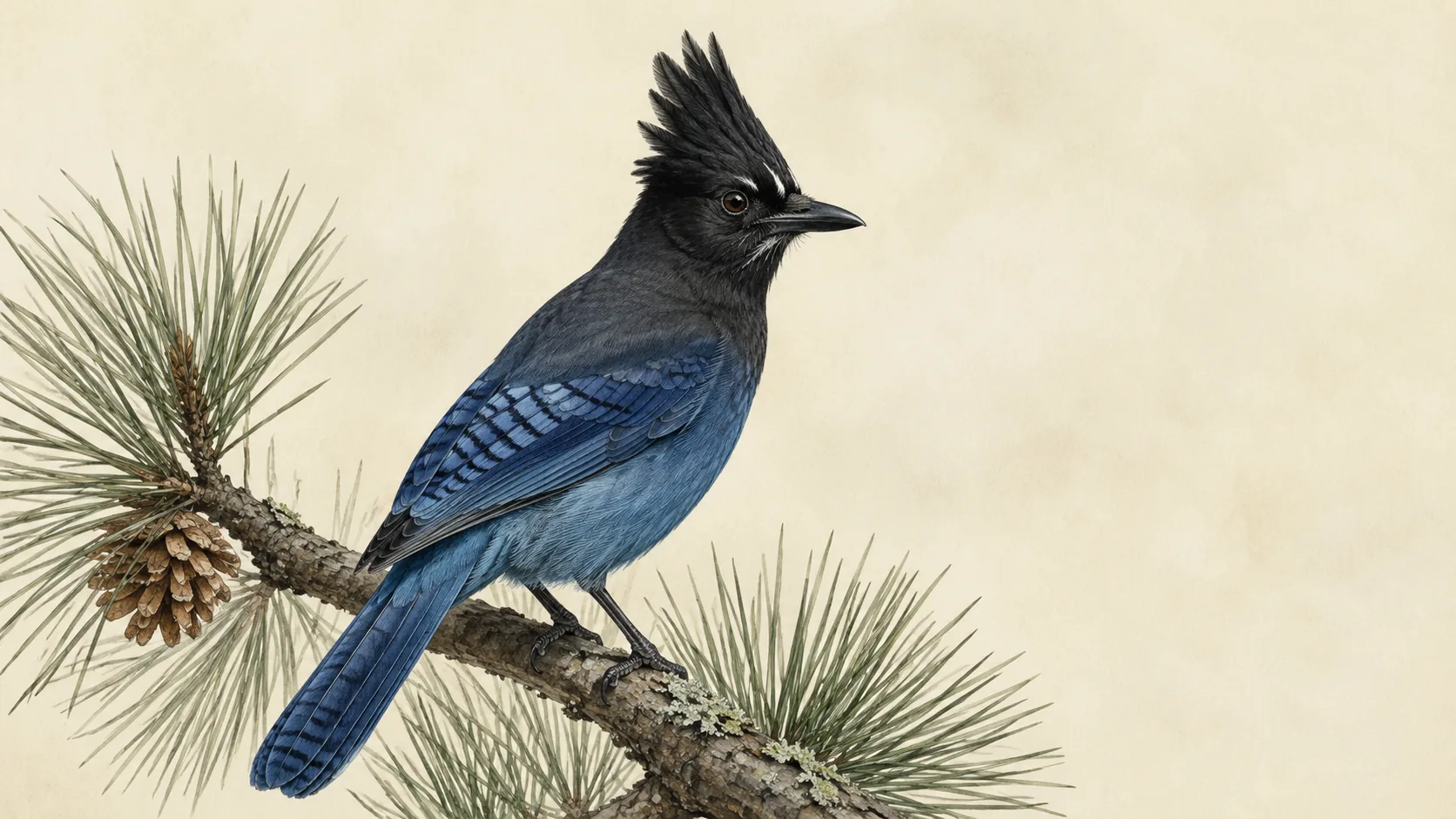 Steller's Jay perched on a pine branch, dark crest raised, in the Audubon style