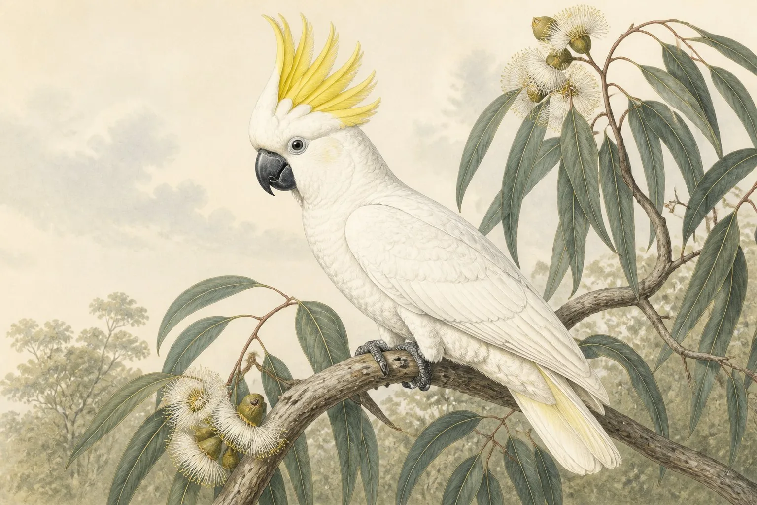 Sulphur-crested Cockatoo perched on a eucalyptus branch with yellow crest raised, in the Audubon style