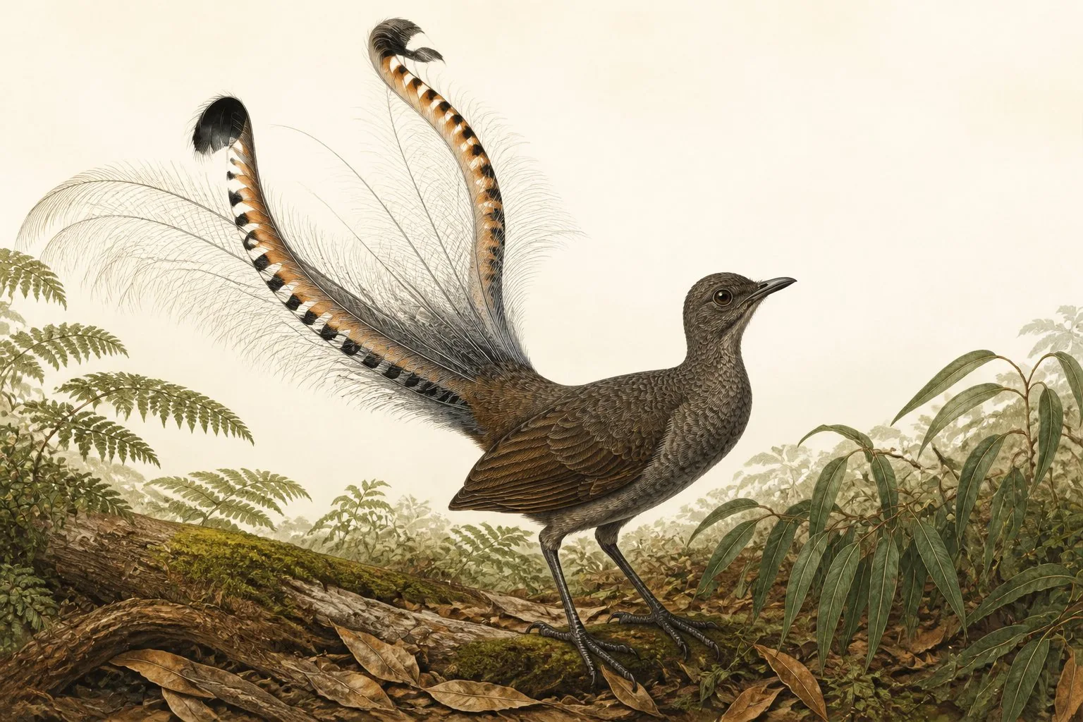 Male Superb Lyrebird displaying tail plumes on a forest mound, in the Audubon style