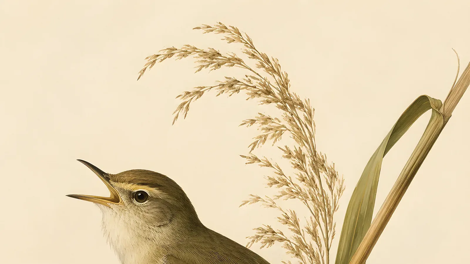 Swainson's Warbler foraging in leaf litter among giant cane stems, in the Audubon style
