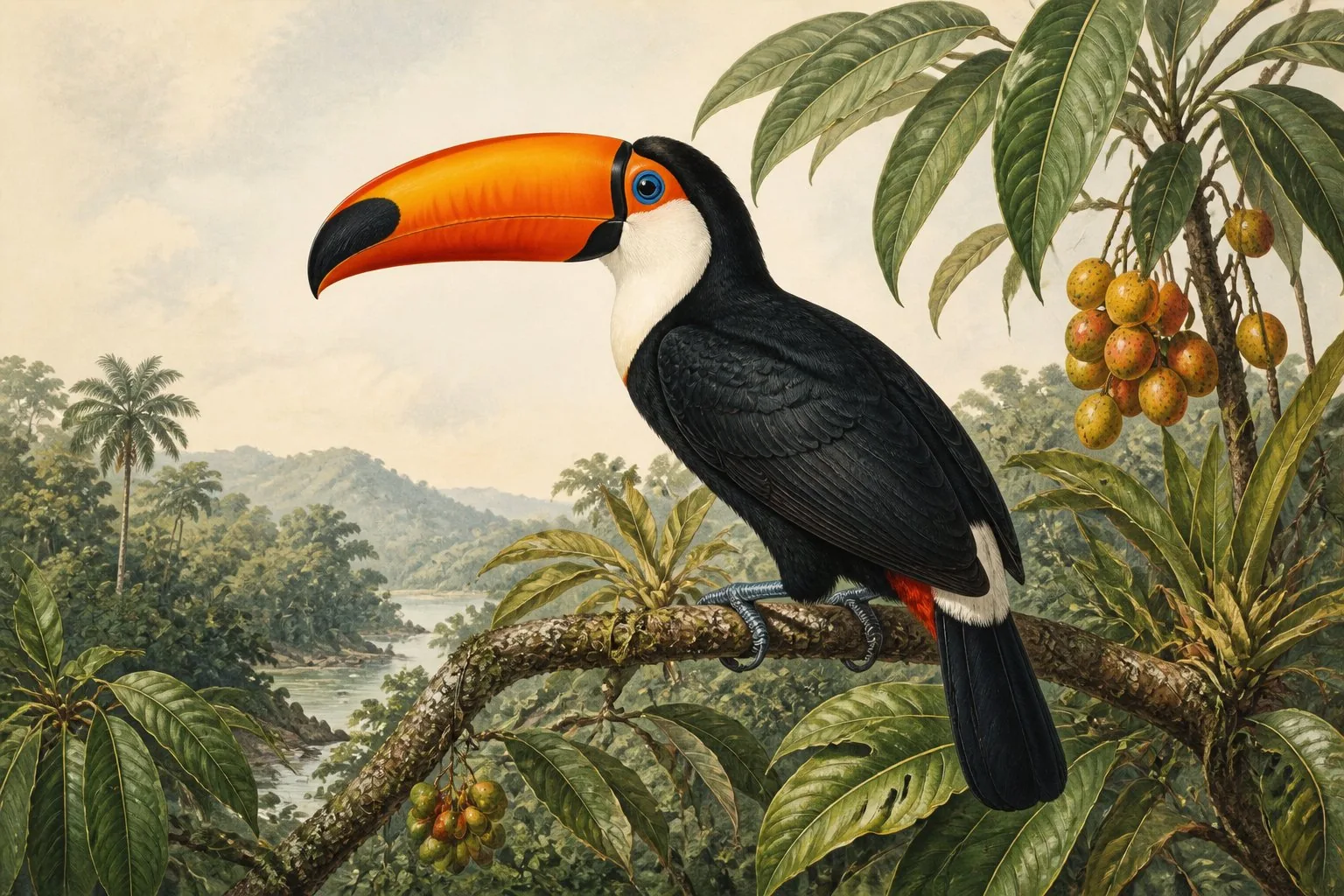 Toco Toucan perched at a forest edge in the Brazilian cerrado, bill raised, in the Audubon style