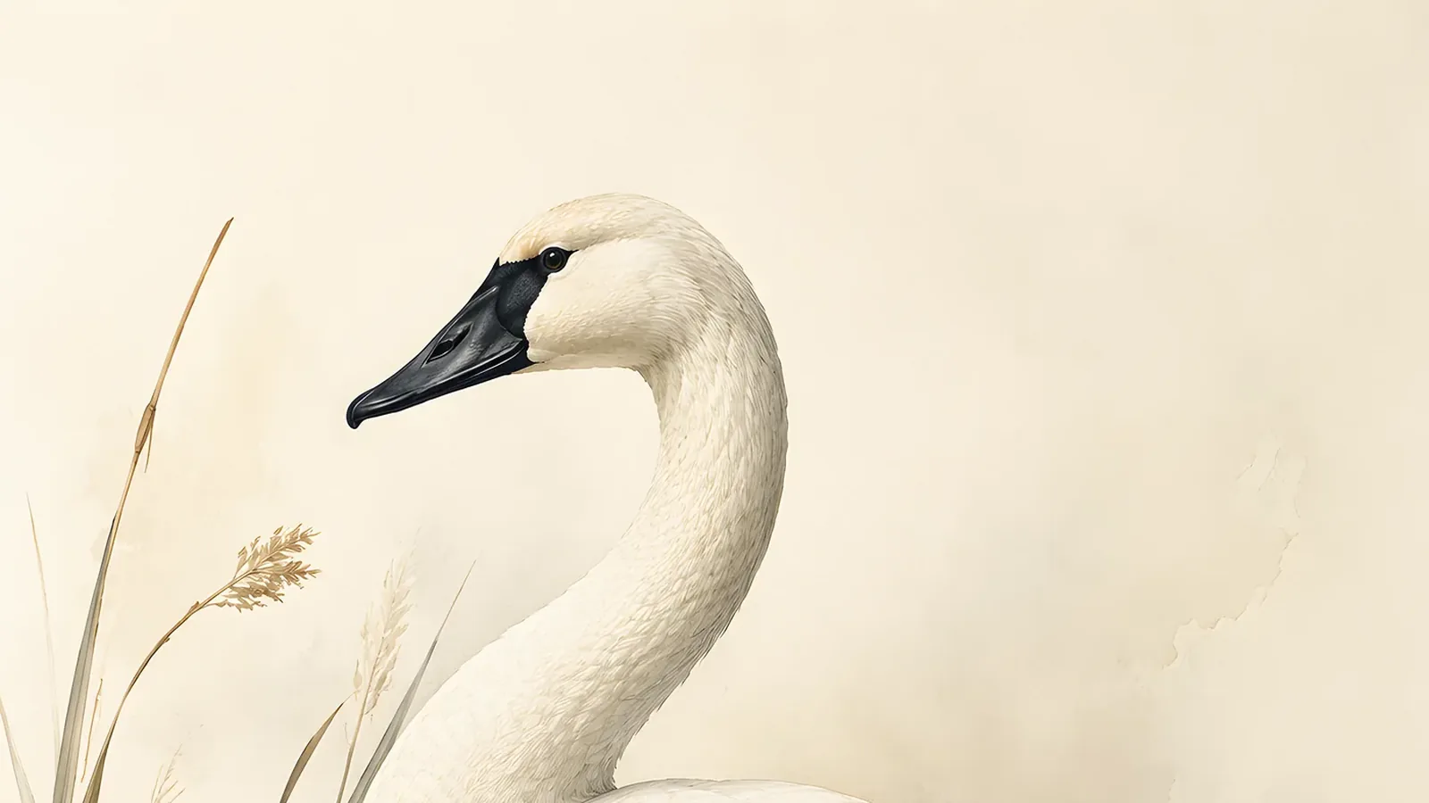 Trumpeter Swan gliding on a still glacier lake, neck held straight, in the Audubon style