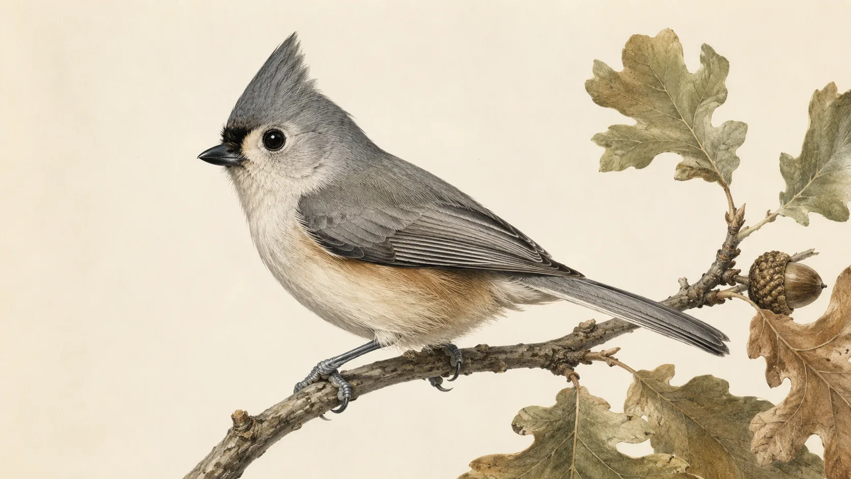 Tufted Titmouse perched on an oak twig, grey crest raised and large dark eye, in the Audubon style