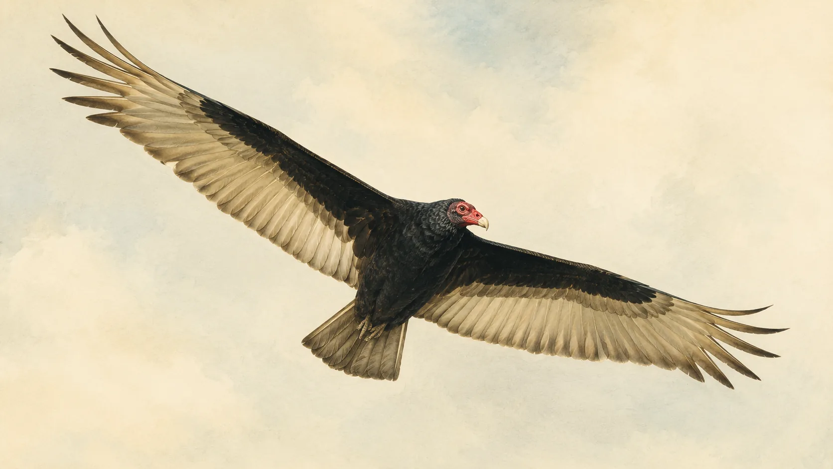 Turkey Vulture in full soar, two-toned underwings spread against a pale sky, in the Audubon style