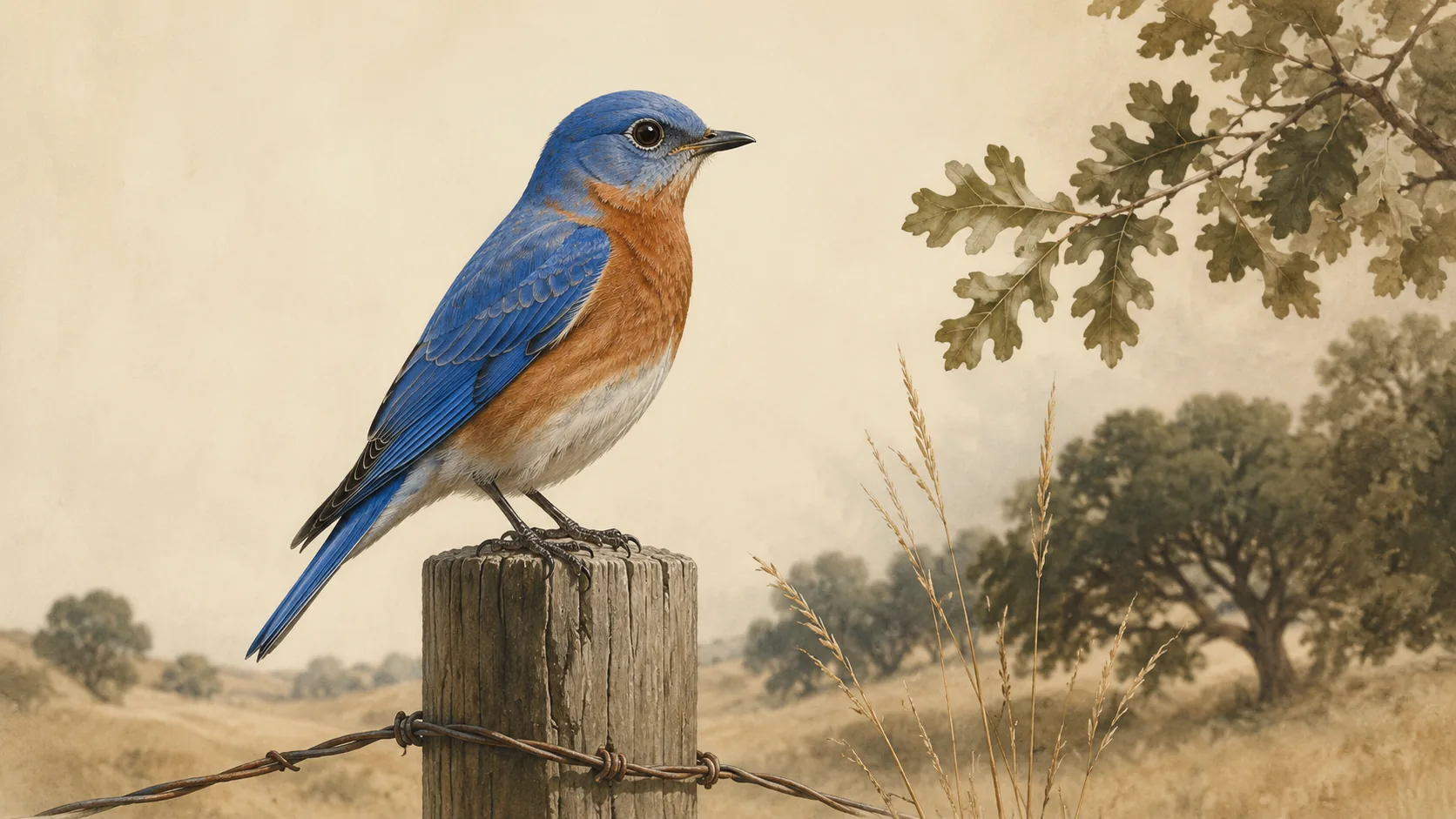 Male Western Bluebird perched on a fence post in a California oak savanna, in the Audubon style