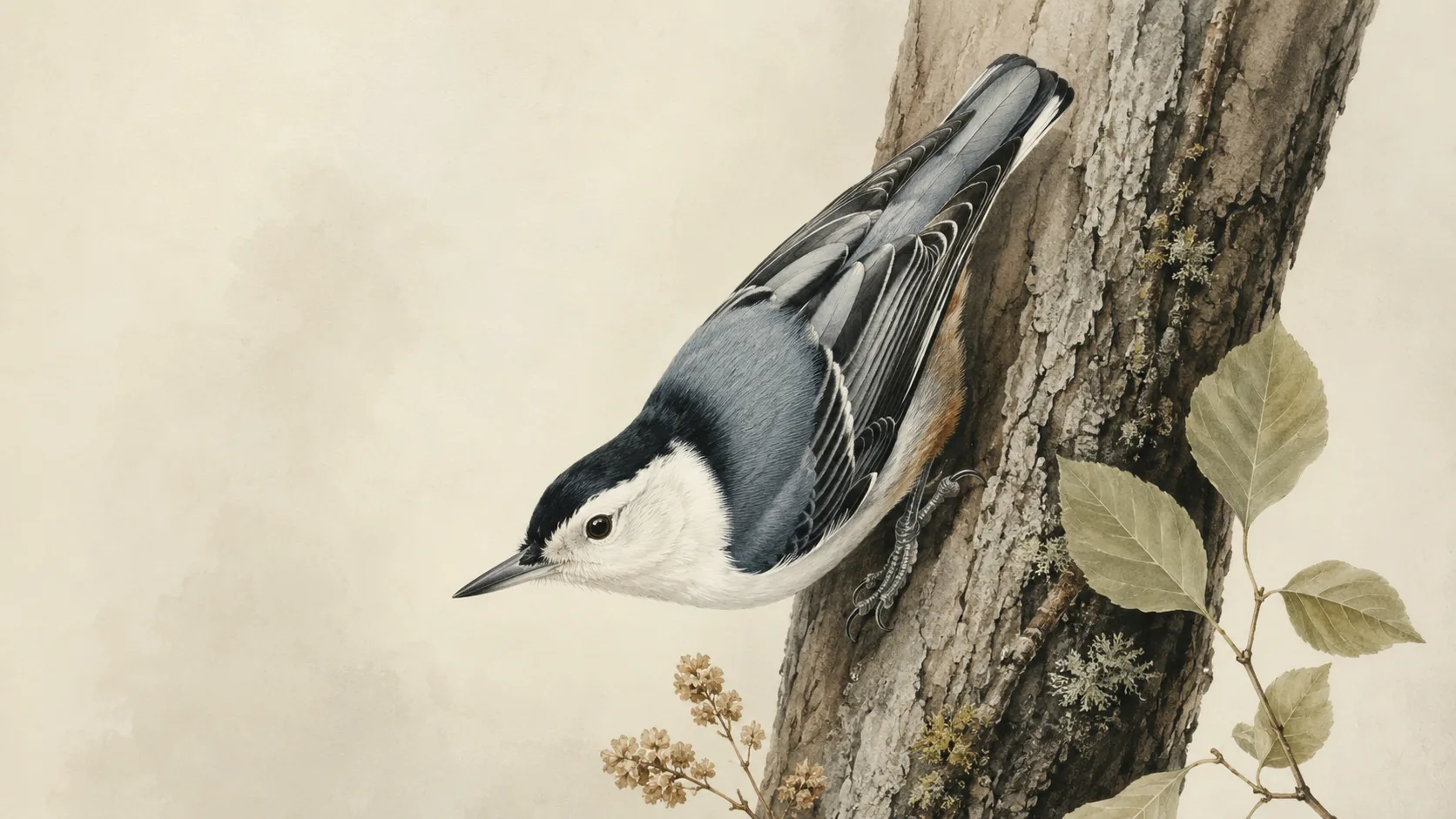 White-breasted Nuthatch climbing head-down on a tree trunk, black cap and clean white face, in the tradition of Audubon