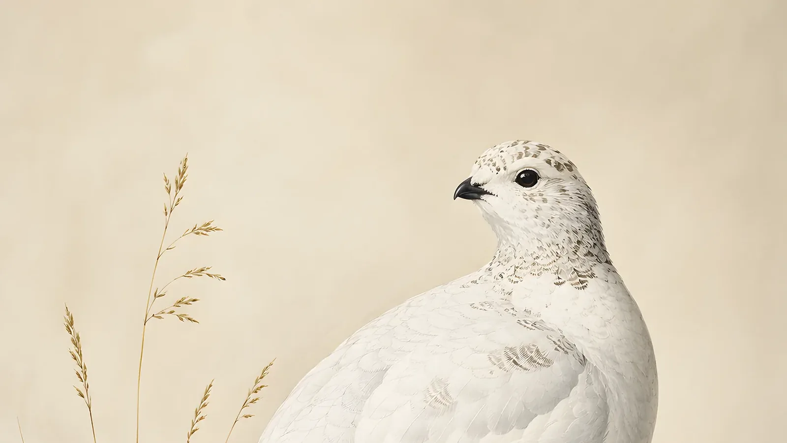 White-tailed Ptarmigan in full winter white plumage against alpine snow, in the Audubon tradition