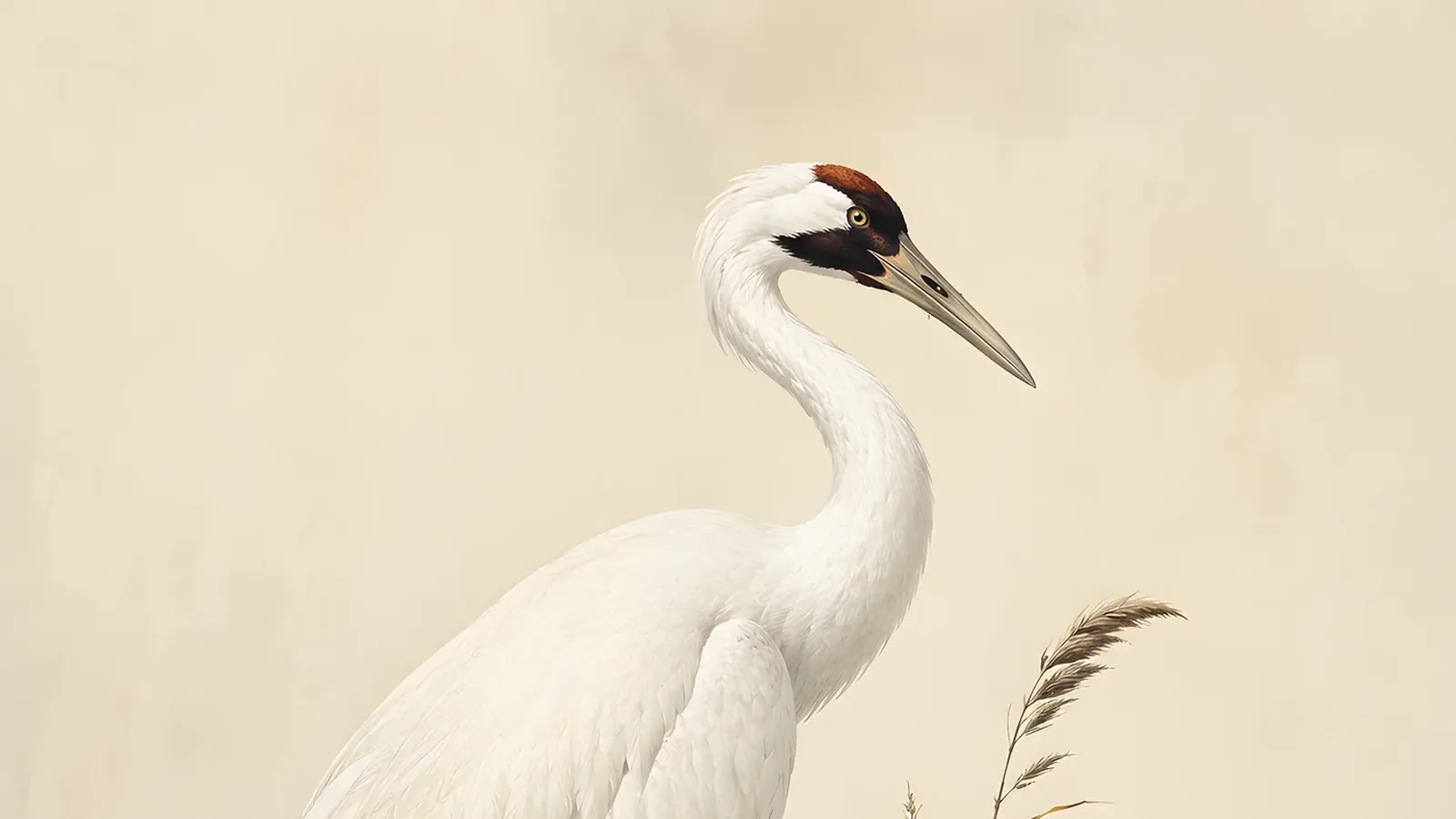 Whooping Crane standing in Gulf Coast marsh shallows, white wings folded, red crown bright against grey sky, in the Audubon style