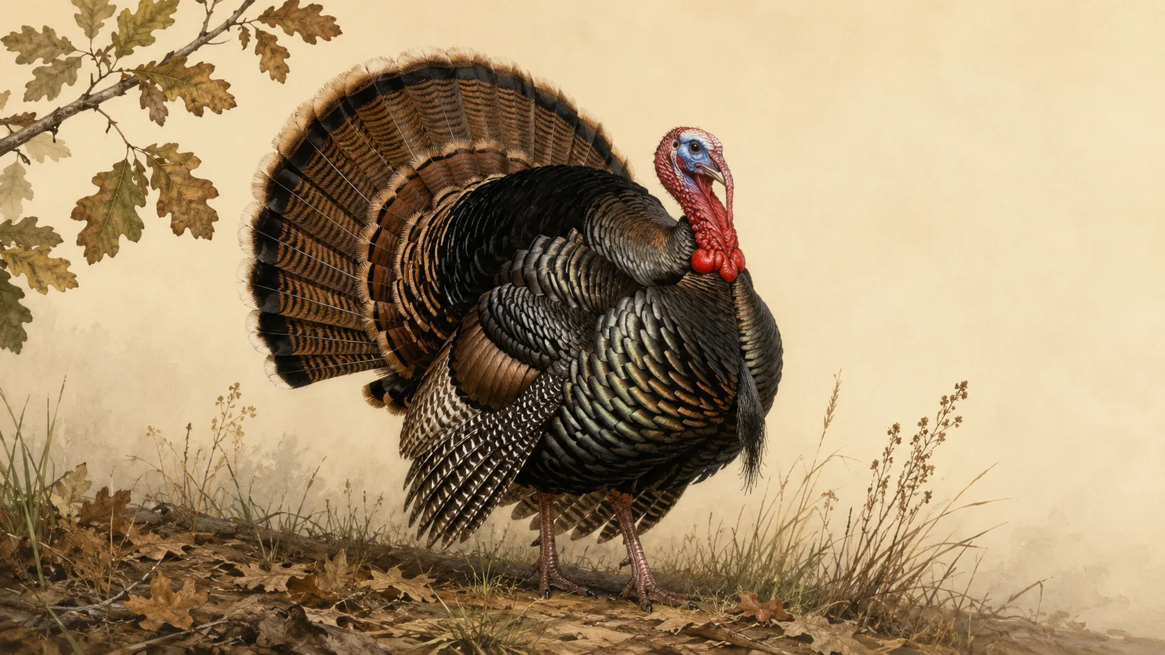 Male Wild Turkey with tail fanned and wattles flushed red, standing in an oak clearing, in the Audubon style