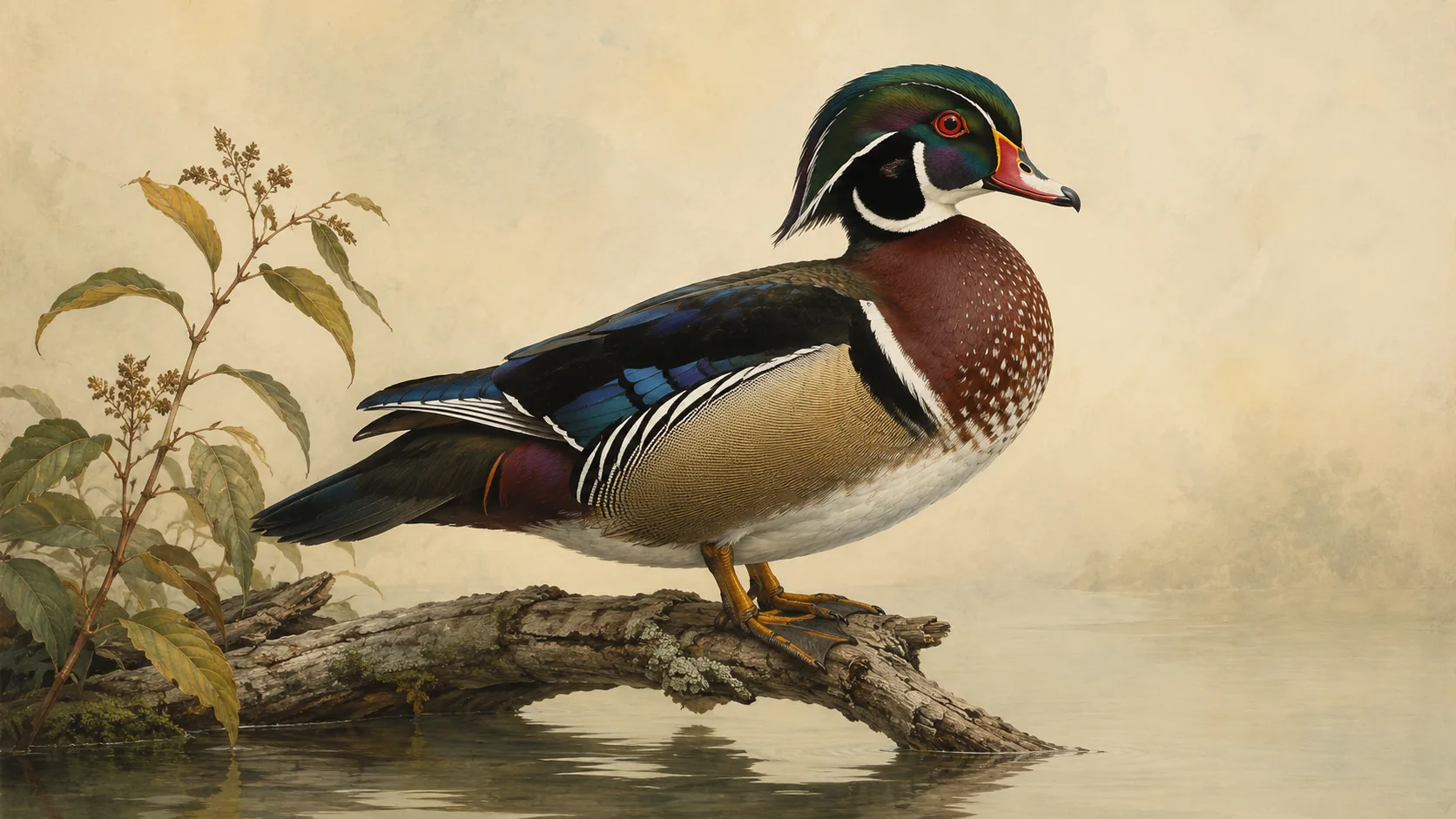 Male Wood Duck perched on a low branch over still water, iridescent green crest and chestnut breast, in the Audubon style