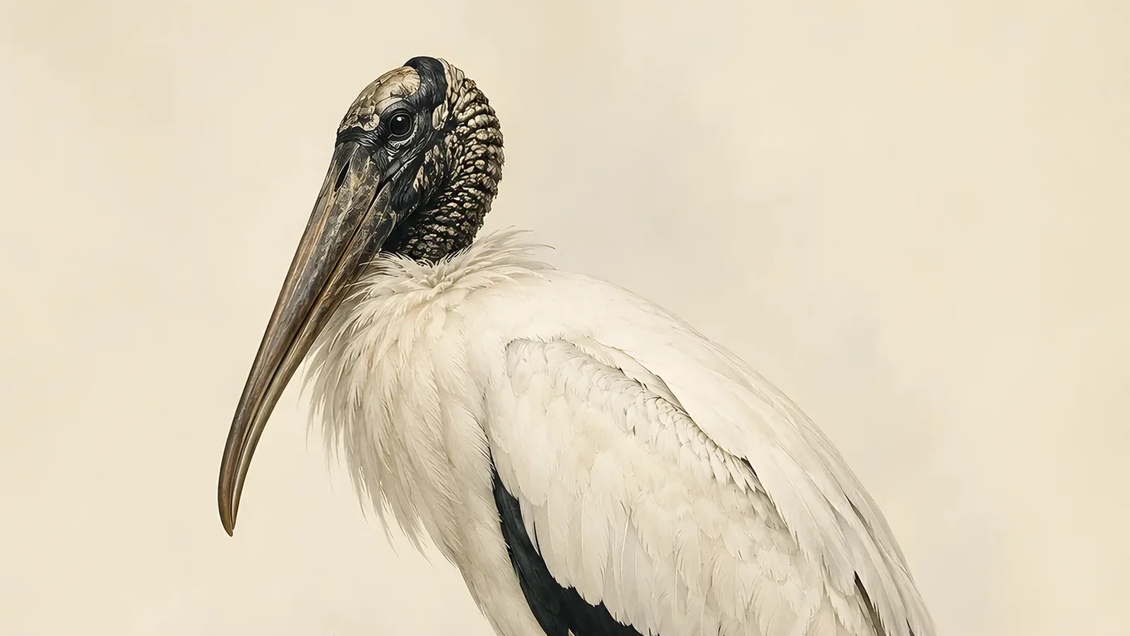 Wood Stork standing in shallow water with bill submerged, feeding by touch, in the Audubon style
