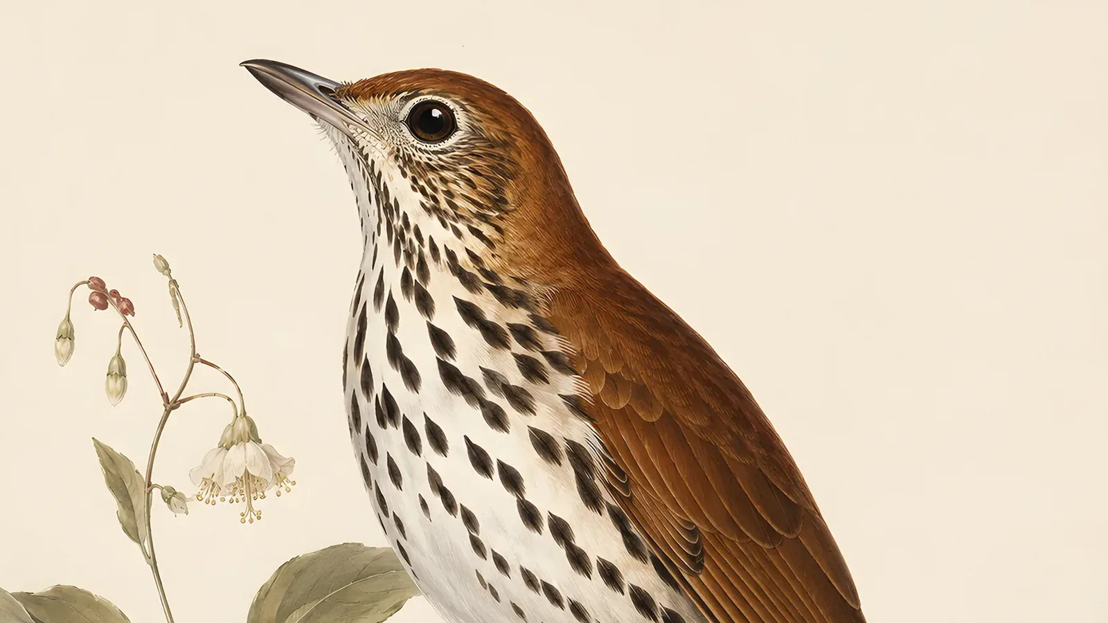 Wood Thrush perched on a mossy log in a deep eastern deciduous forest, Audubon plate style