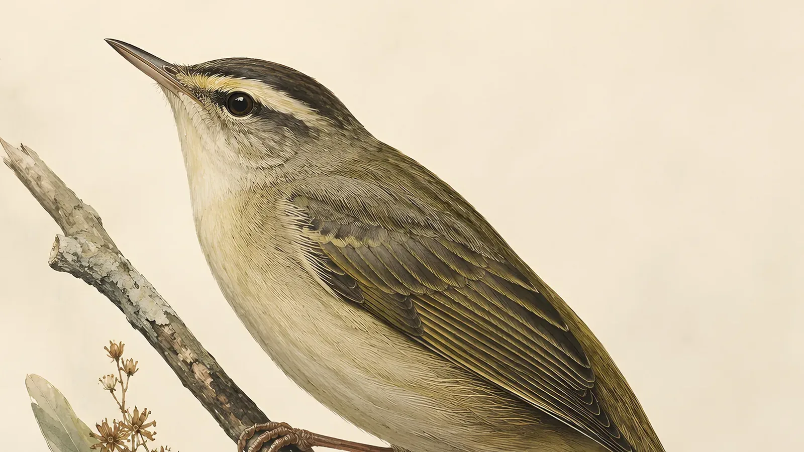 Fine-art plate of a Worm-eating Warbler probing a hanging cluster of dead leaves on a wooded slope, in the Audubon tradition